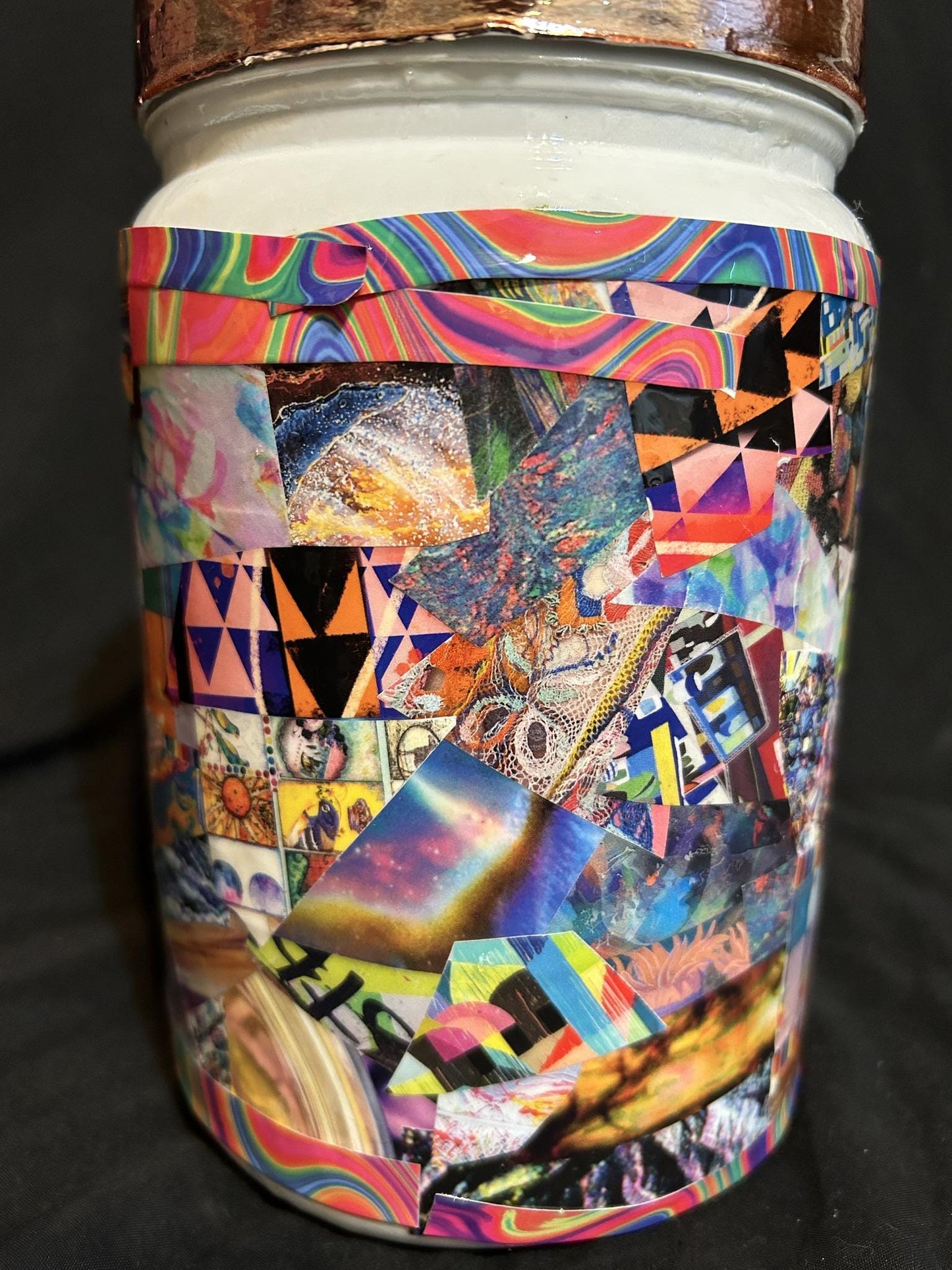 40oz Recycled Canister "Total 9 Diamond Eye Kaleidescope Yoruba Tribe" Prismatic Dynamic Retro-tech Abstract Tactile Decoupage Collage