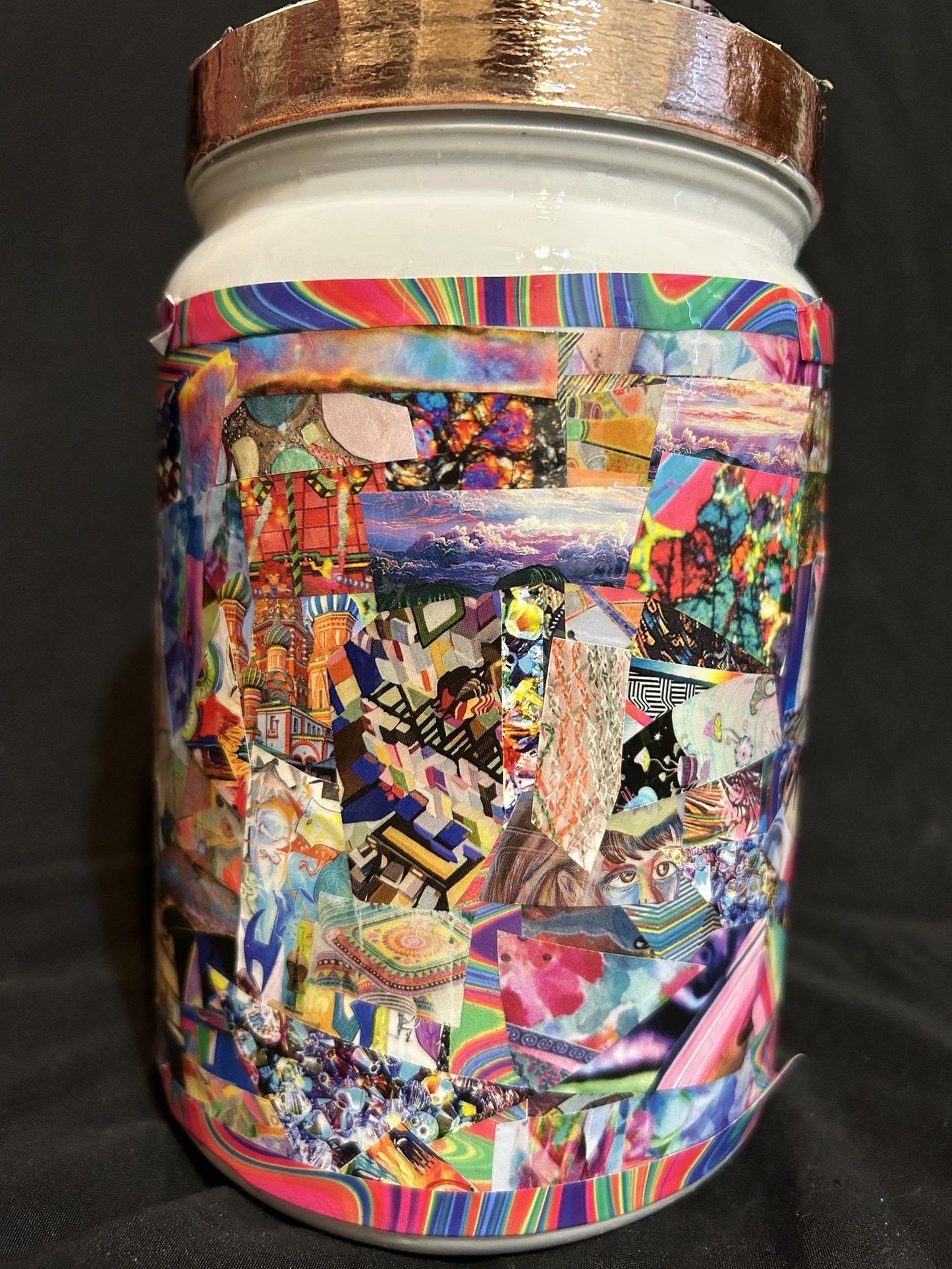 40oz Recycled Canister "Total 9 Diamond Eye Kaleidescope Yoruba Tribe" Prismatic Dynamic Retro-tech Abstract Tactile Decoupage Collage