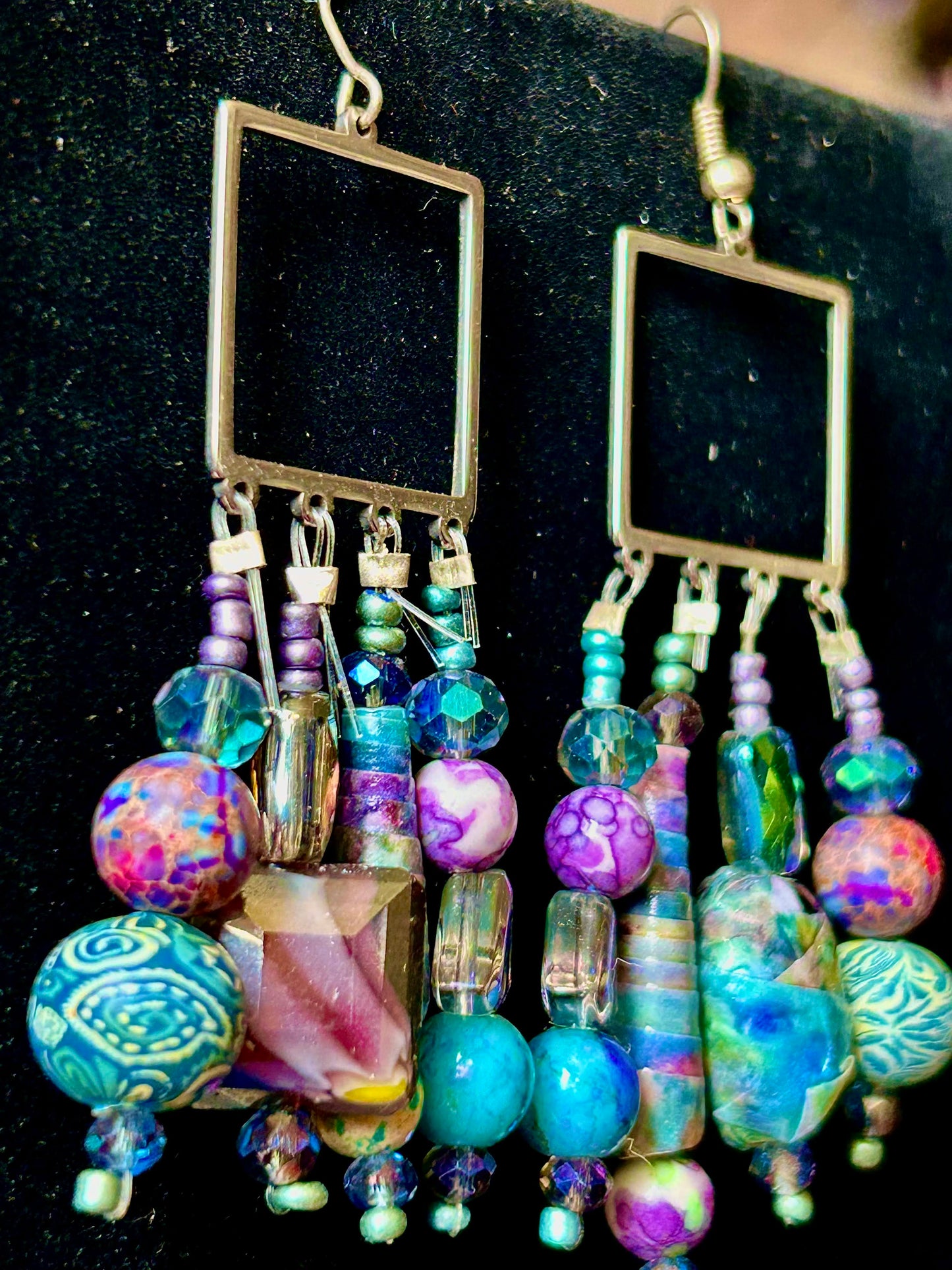Purple and Greenish Blue Square 4-Drop ChandelEarrings ft. Decoupage Beads, Funky Gemstones and Clay Polymer Beads ~ Hypoallergenic Findings Unique Design