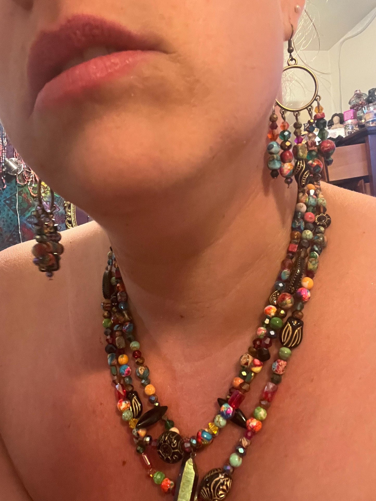 Earth Tones "Red Grains" 3 Necklace and ChandelEarring Set , handcrafted