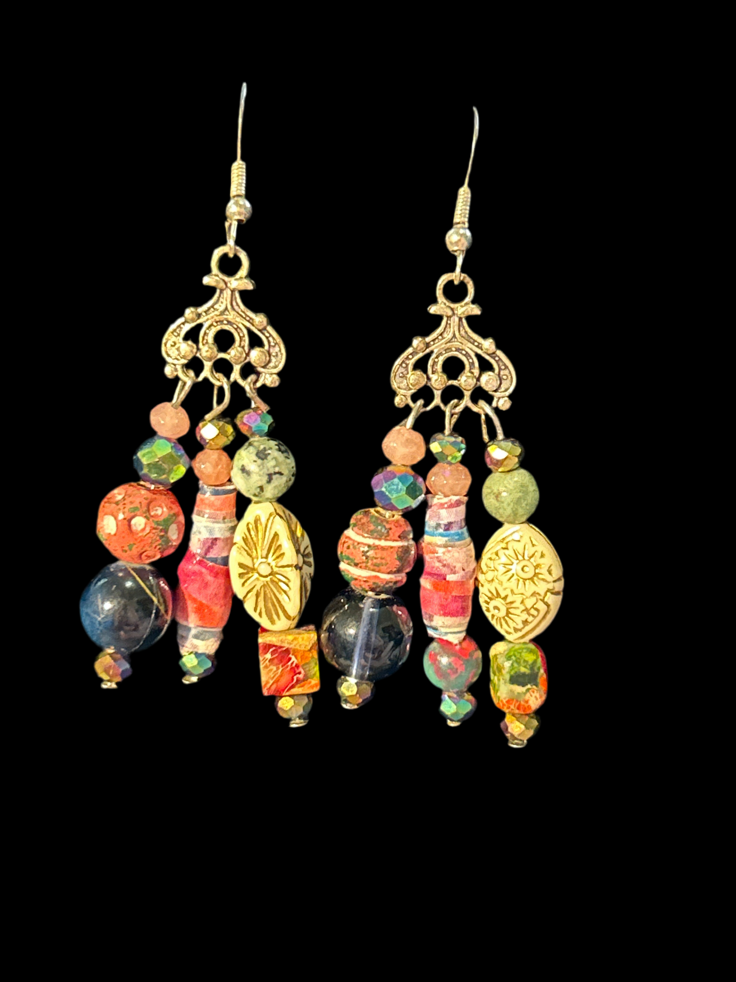 EarthTones Light Rose, Cream & Green Handmade ChandelEarrings with Paper, Gemstones, & Clay beads; original designs funk and flair unique fun original hypoallergenic