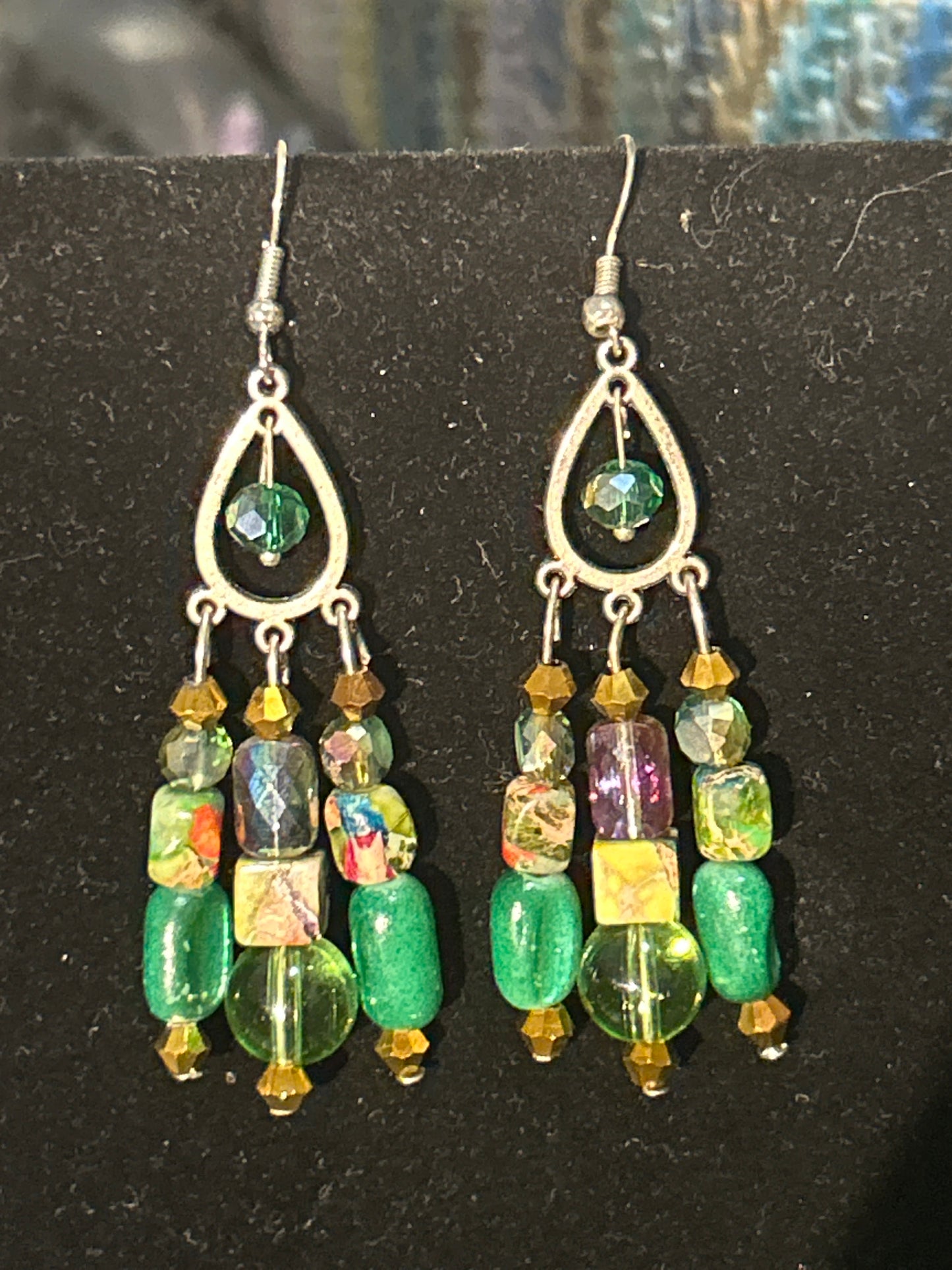 Green & Rainbow Jasper EarthTone Handmade ChandelEarrings w. Glass and Stone Beads~ original designs, funky unique pretty hypoallergenic