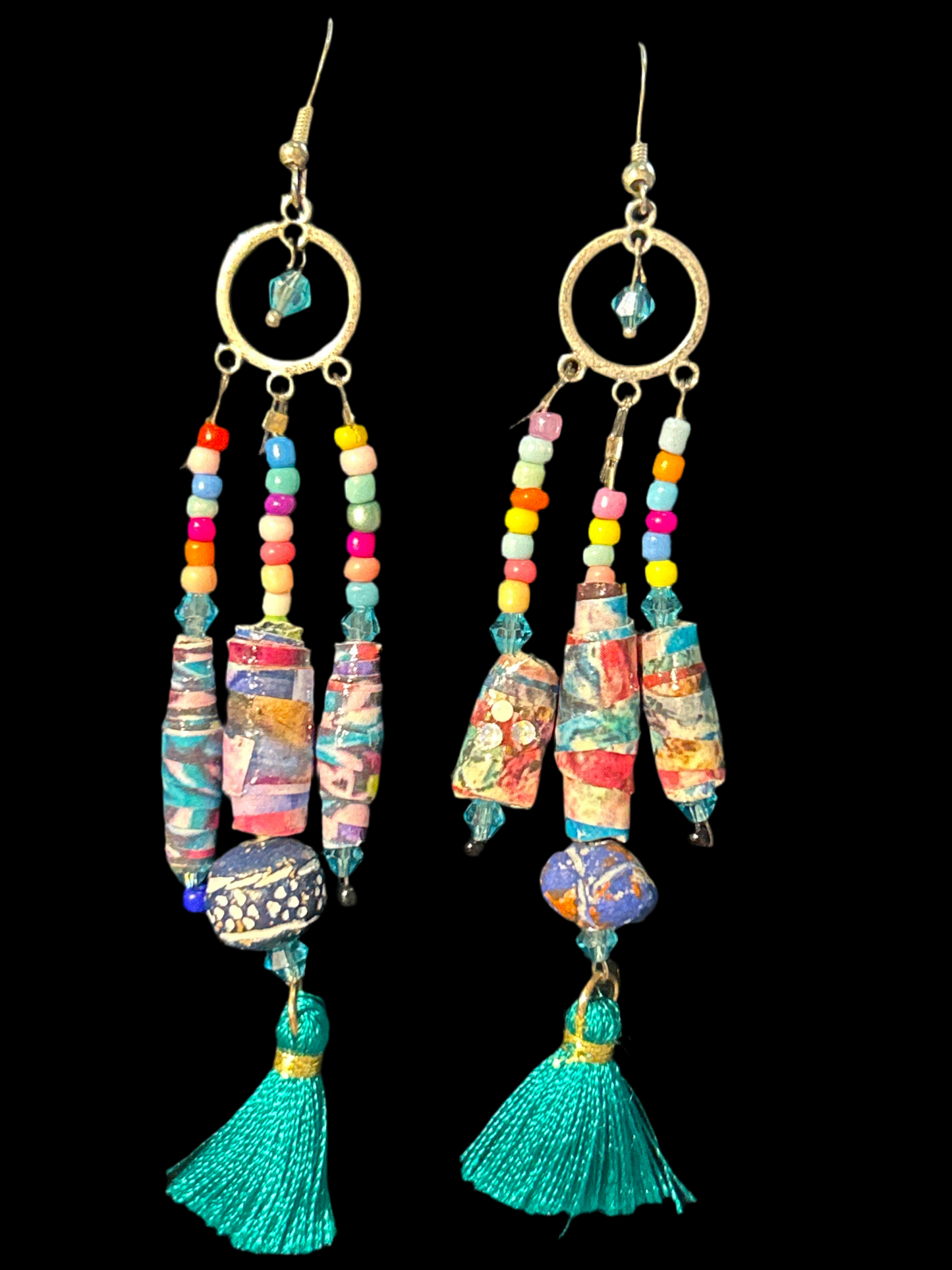 Handmade ChandelEarrings with Clay and Handmade Paper Beads ~ Long Drop Pastels and Teal Tassell