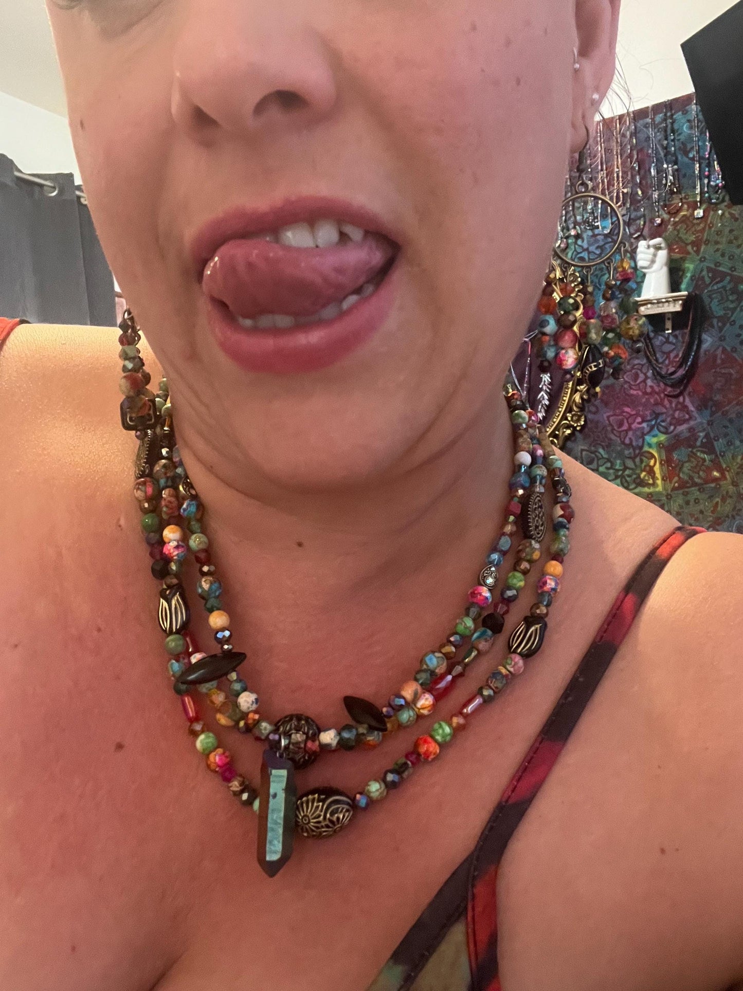 Earth Tones "Red Grains" 3 Necklace and ChandelEarring Set , handcrafted