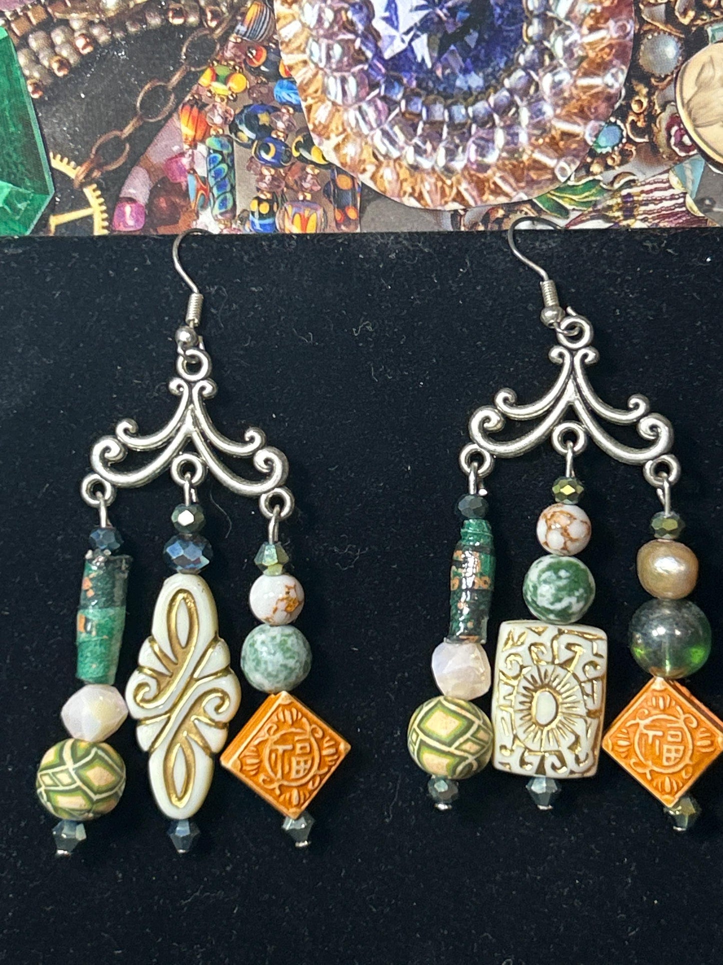 Earth tones ChandelEarrings Hand crafted earrings cream & green clay gemstones glass