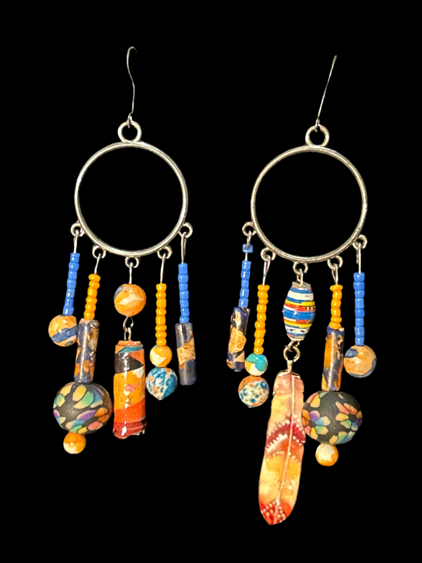Orange and Blue Feather Handmade ChandelEarrings w. Clay, Paper, & Gemstone Beads~ original designs, funky unique pretty hypoallergenic