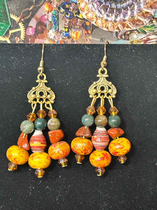 Handmade Earrings Orange and Burnt Yellow Earth Tones Gemstones, glass crystal, Chandeleir earrings, original colorful unique pretty