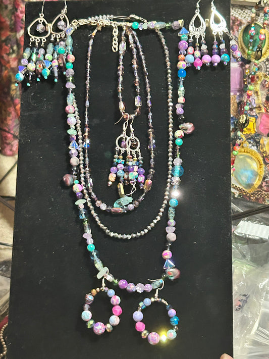 Purple Posse Of Course ~. 8 Piece Set ~ 3 Necklaces ~ 4 ChandelEarrings ~ +Bracelet ~ Crystal, Glass + Gemstone Beads In Purple and Light Green Shades ~ Silver-Plated findings hypoallergenic