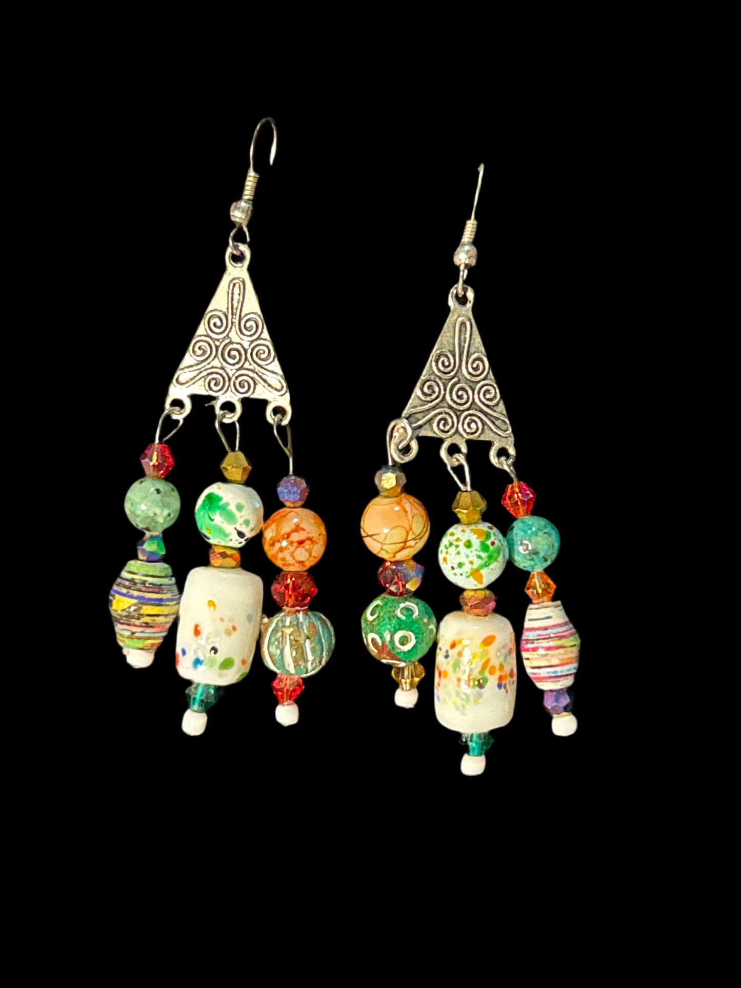 Green and Opaque Spotted Handmade ChandelEarrings w. Glass, Paper, & Crystal Beads~ original designs, funky unique pretty hypoallergenic