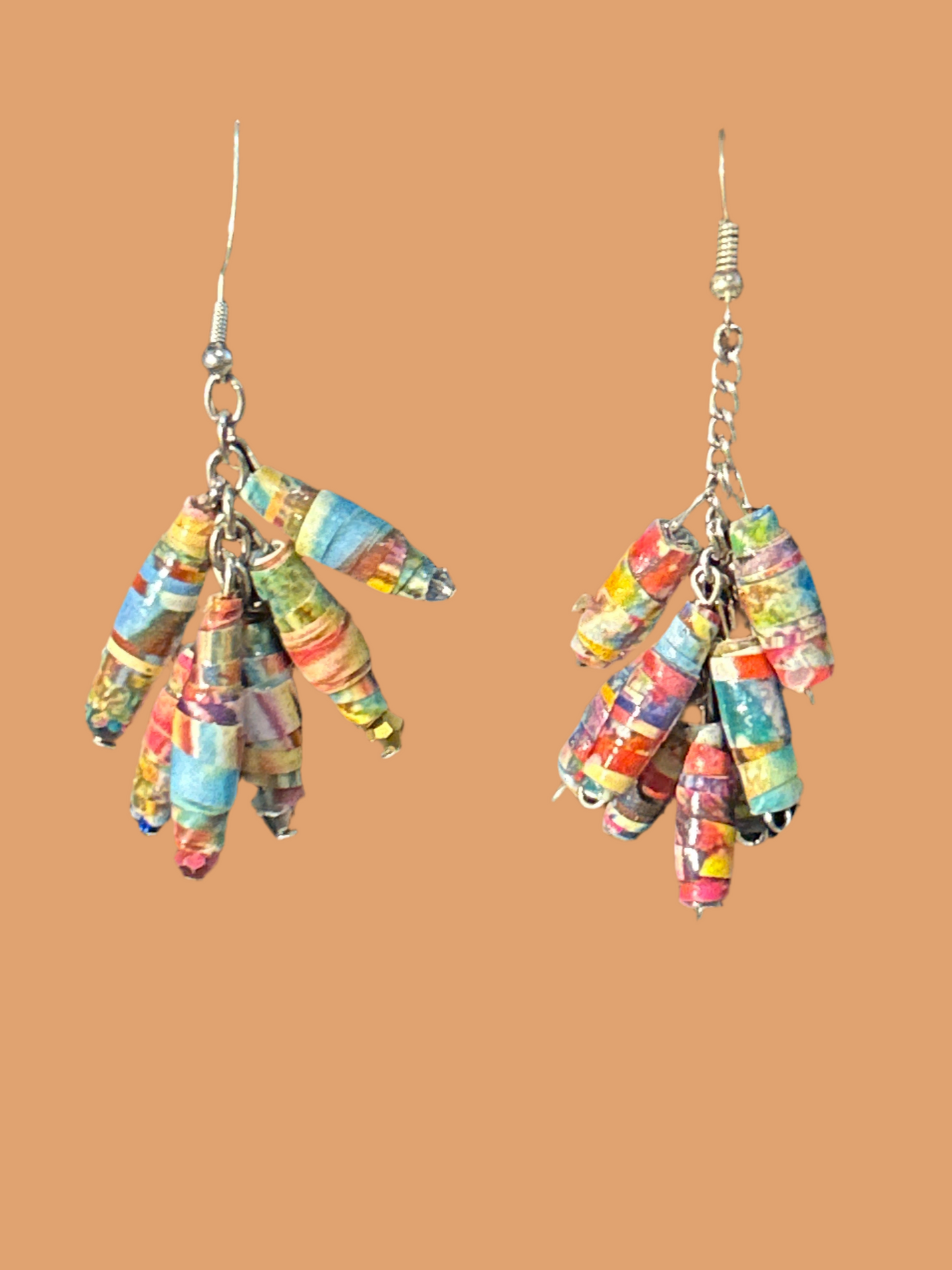 EveryColor Handmade Cluster Chain Earrings w. Paper Beads ~ original designs, funky unique pretty hypoallergenic