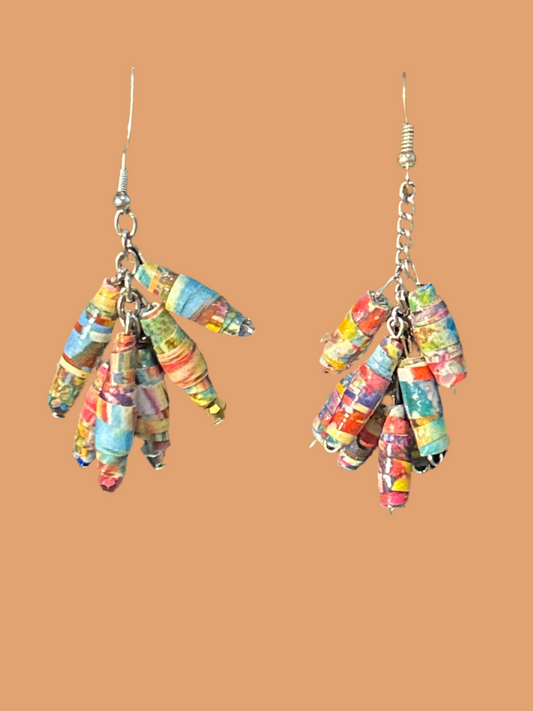 EveryColor Handmade Cluster Chain Earrings w. Paper Beads ~ original designs, funky unique pretty hypoallergenic