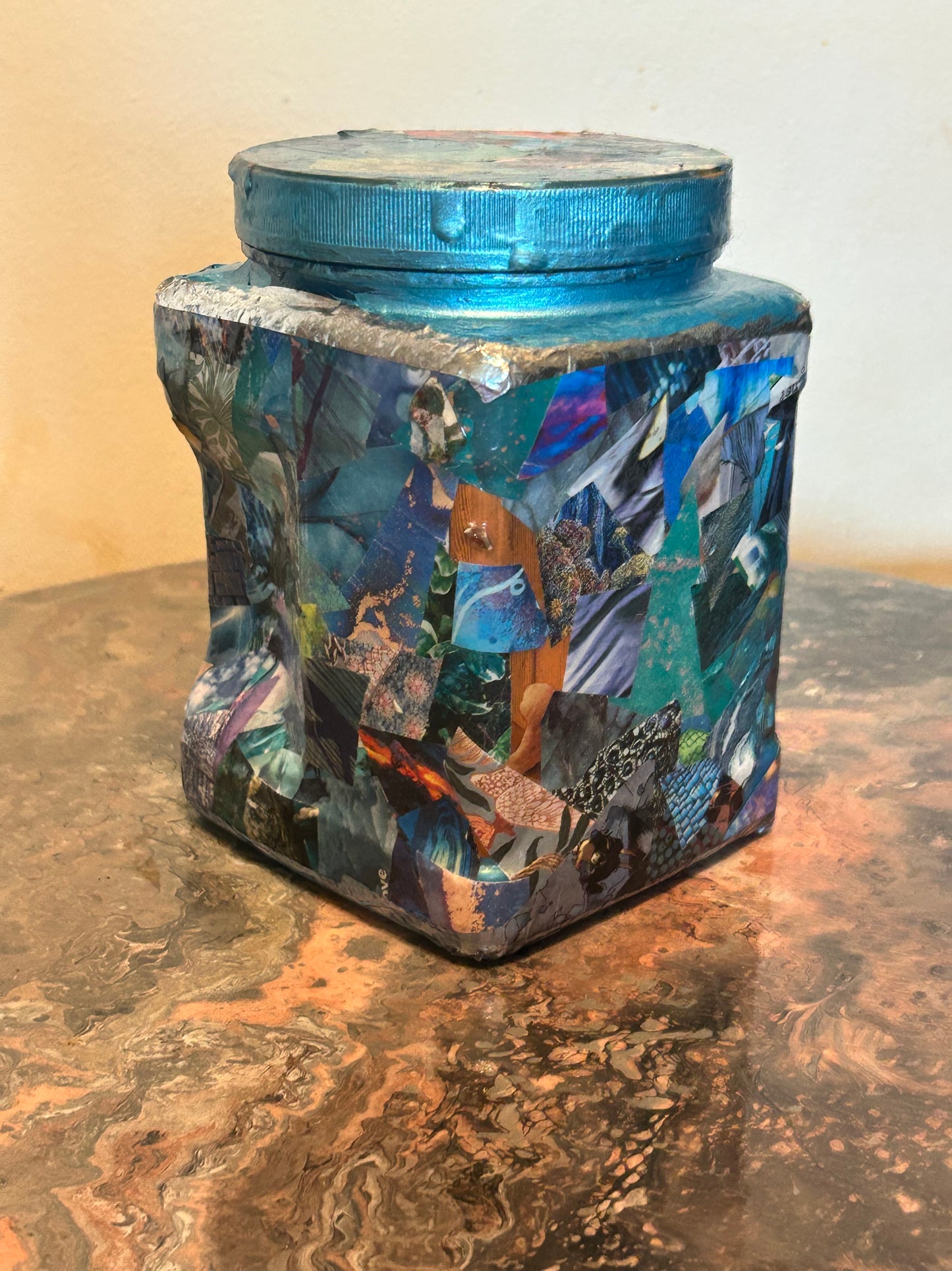 Twist Lid Plastic Nut Container Decoupage Abstract Collage Wrapped in "Blueish-Green" ~ Resin Coat ~ Chaotic, Analog, Unique, Trippy, Handmade, RetroTech