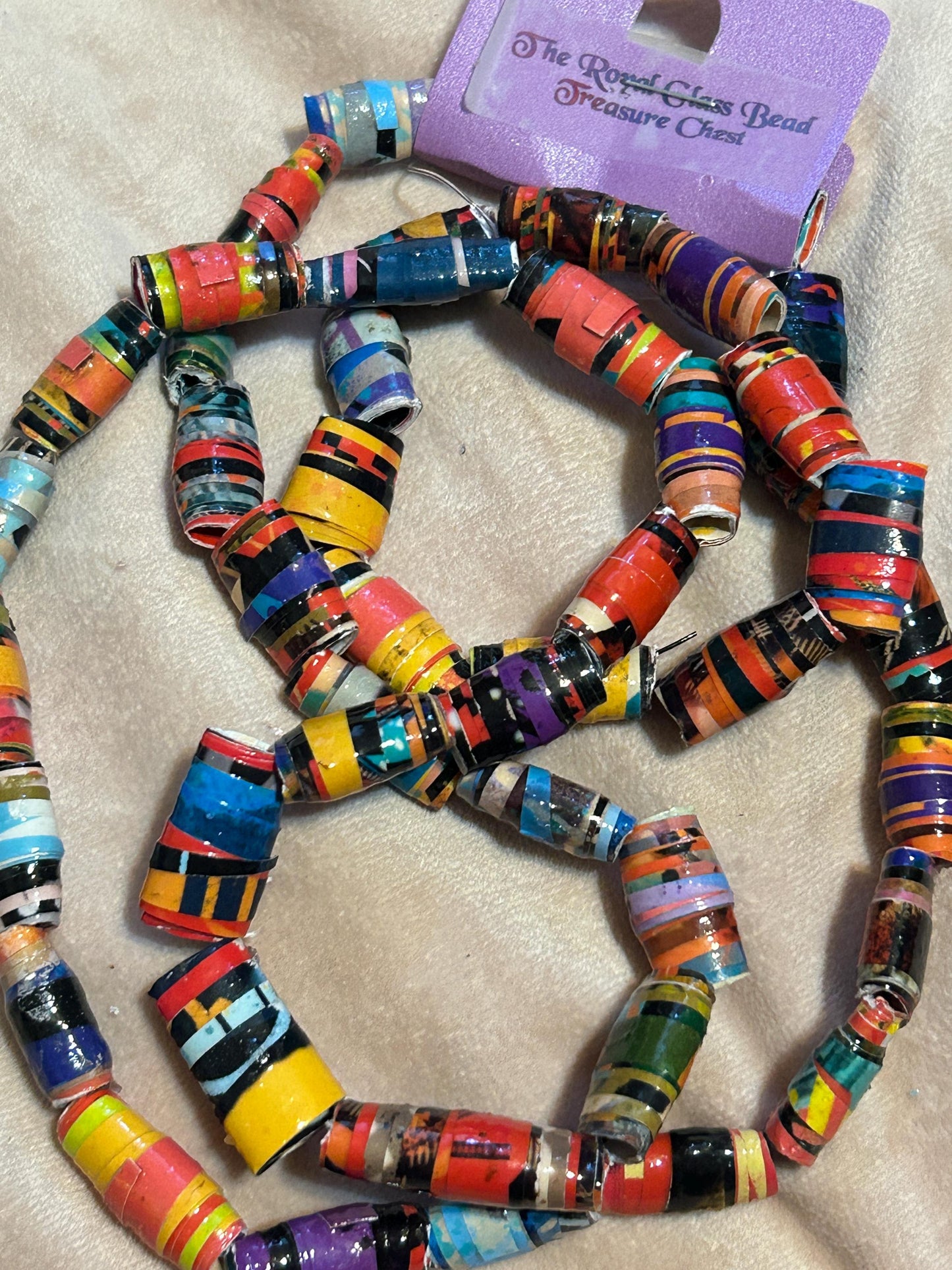 Krobo Style Paper Bead Necklace Set of 8, Multi-Colored Ethnic, Glazed