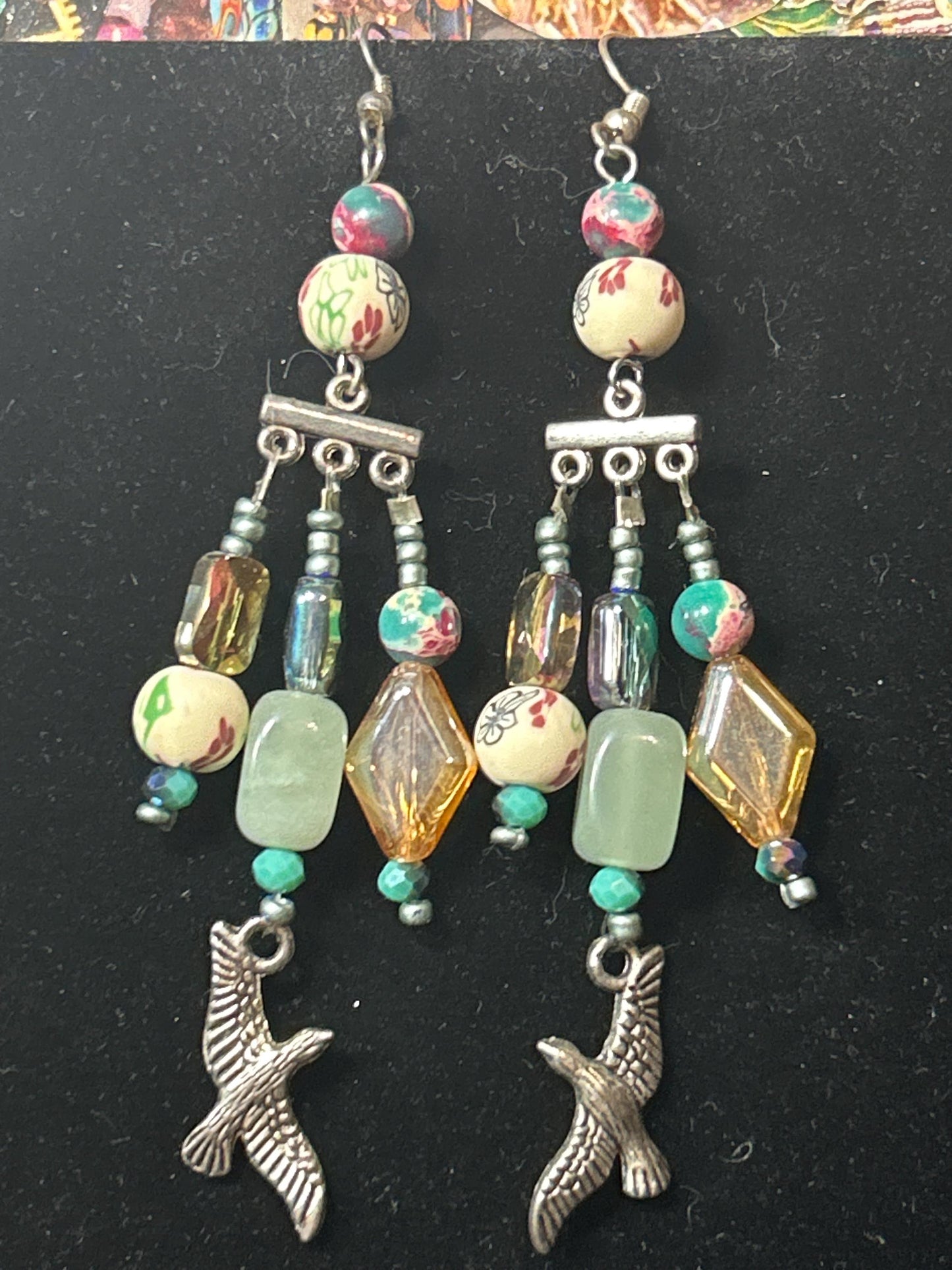 Green & Cream Bird ChandelEarrings Hand crafted earrings clay gemstones glass
