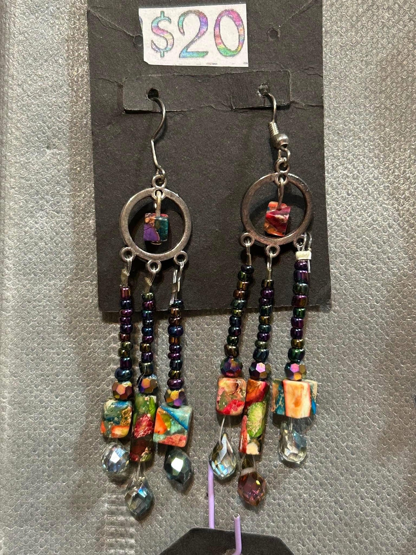 Rainbow Jasper cube Handmade Earrings Gemstones, glass crystal, irides Shades, Chandeleir earrings, original colorful unique pretty