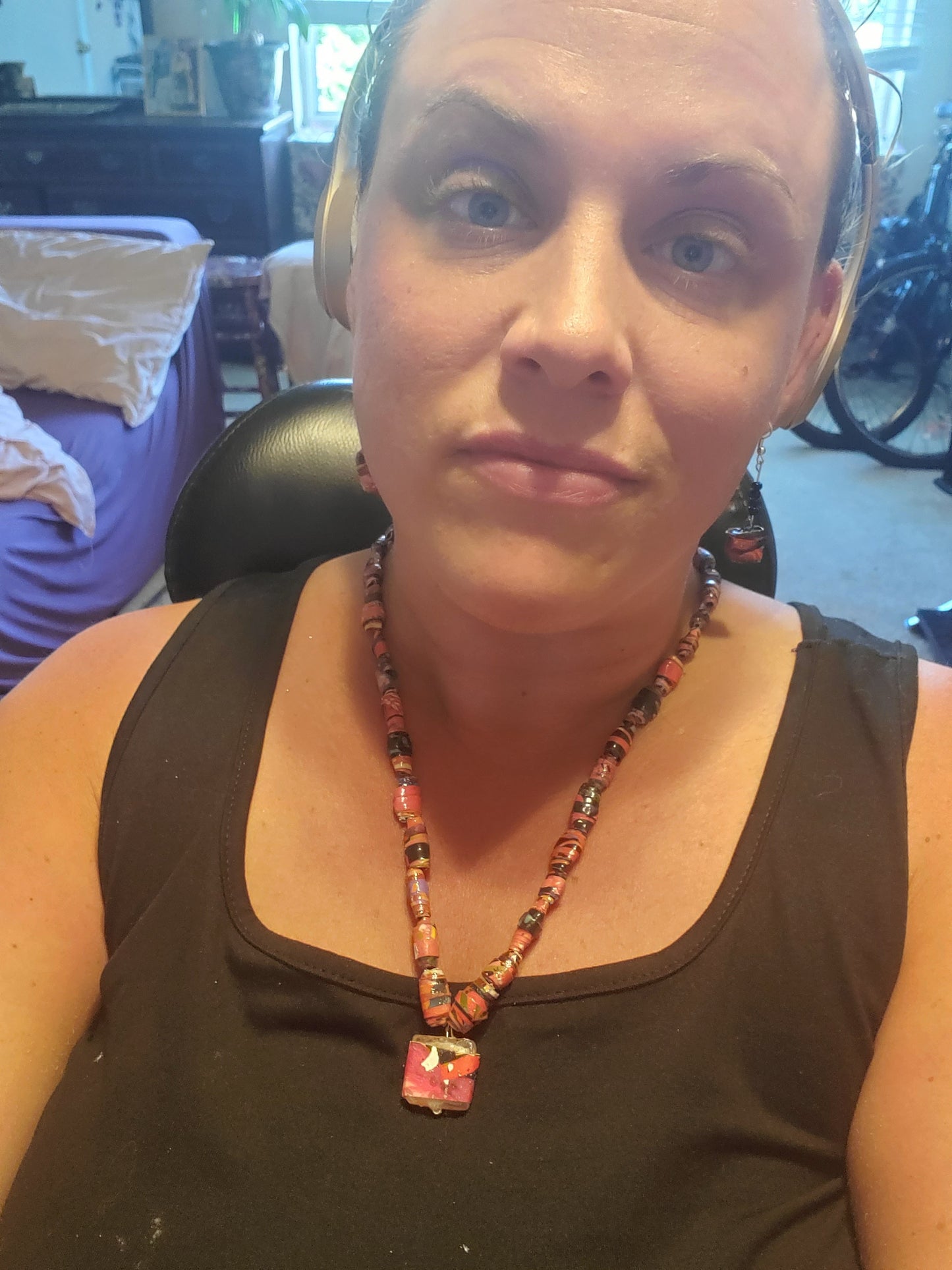 Red with Pendant - Krobo Style Paper Bead Necklace Multi-Colored Ethnic, Glazed