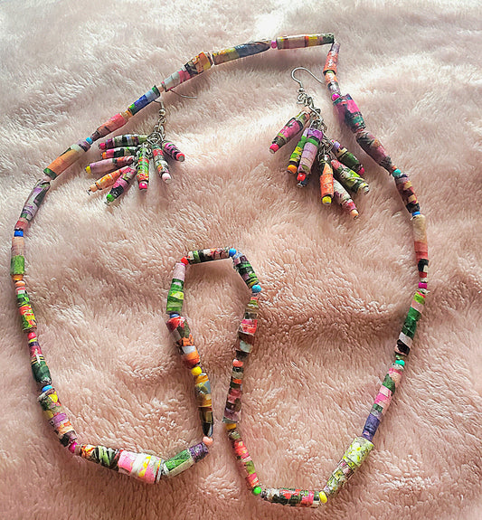 Floral Rolled Beads Necklace and Earring Set Homemade