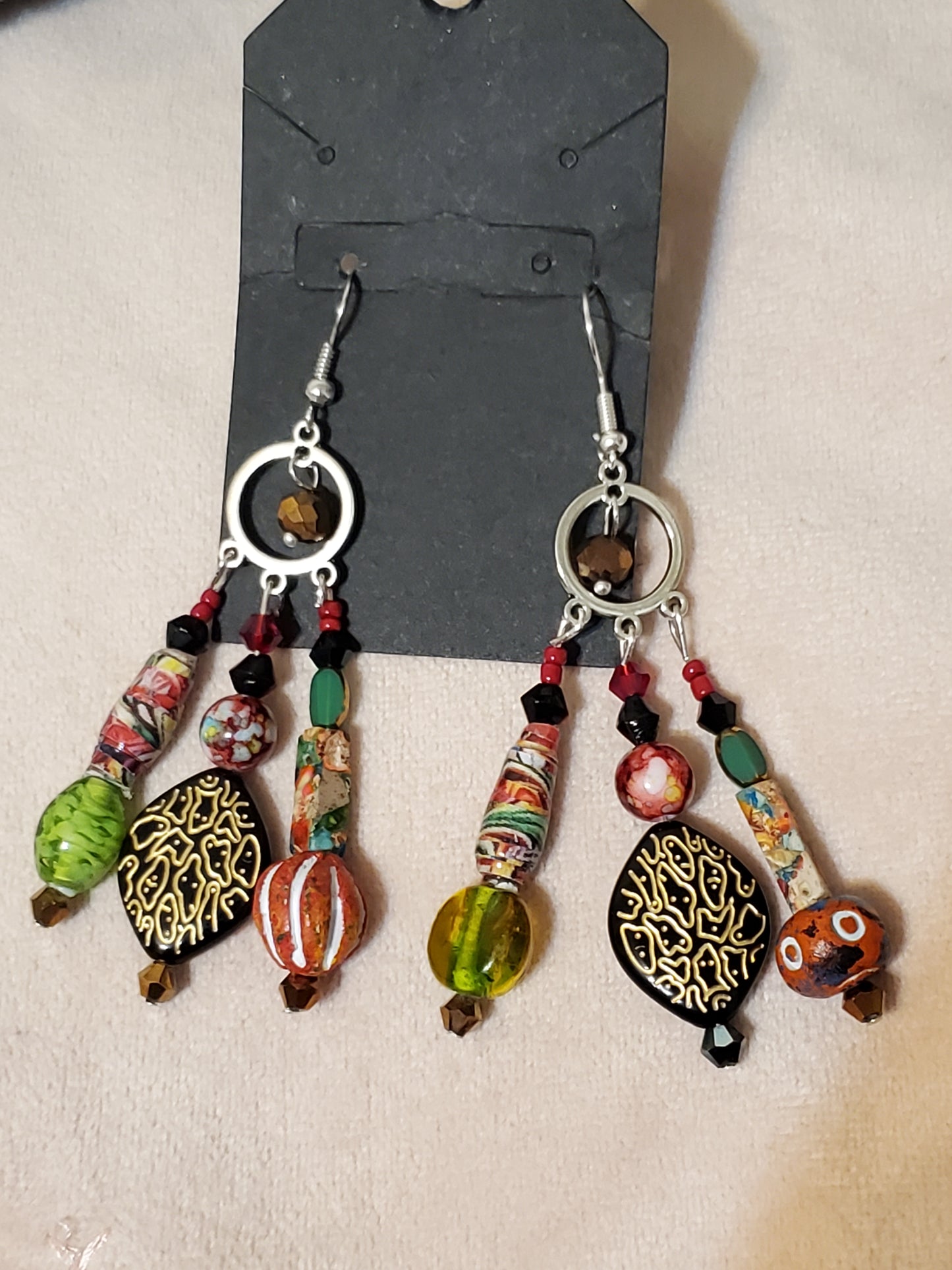(3) Ethnic & Earthy Vibe ChandelEarrings with Paper Beads and Rainbow Imperial Jasper Earrings