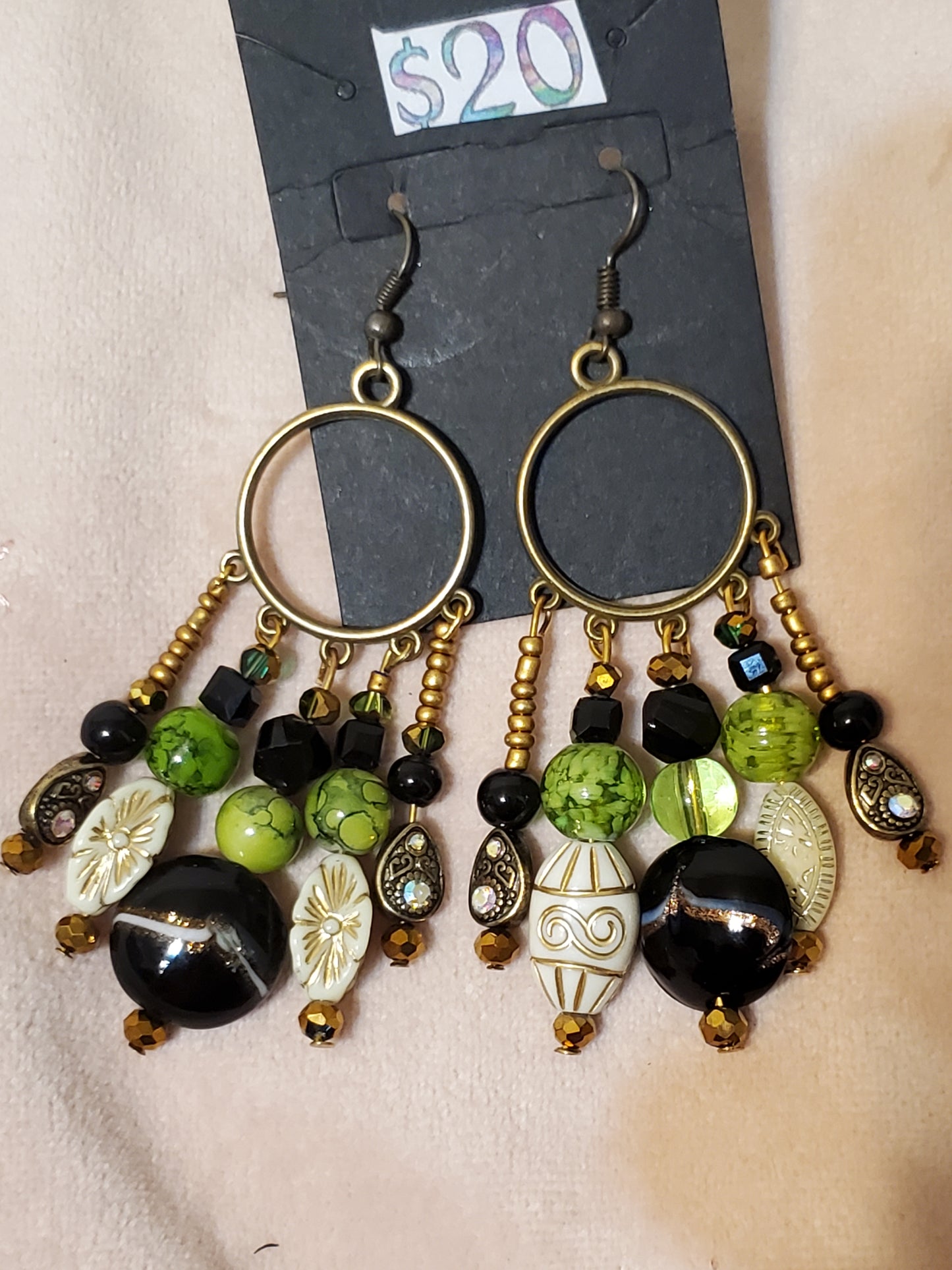 Green and Cream Bronze ChandelEarrings