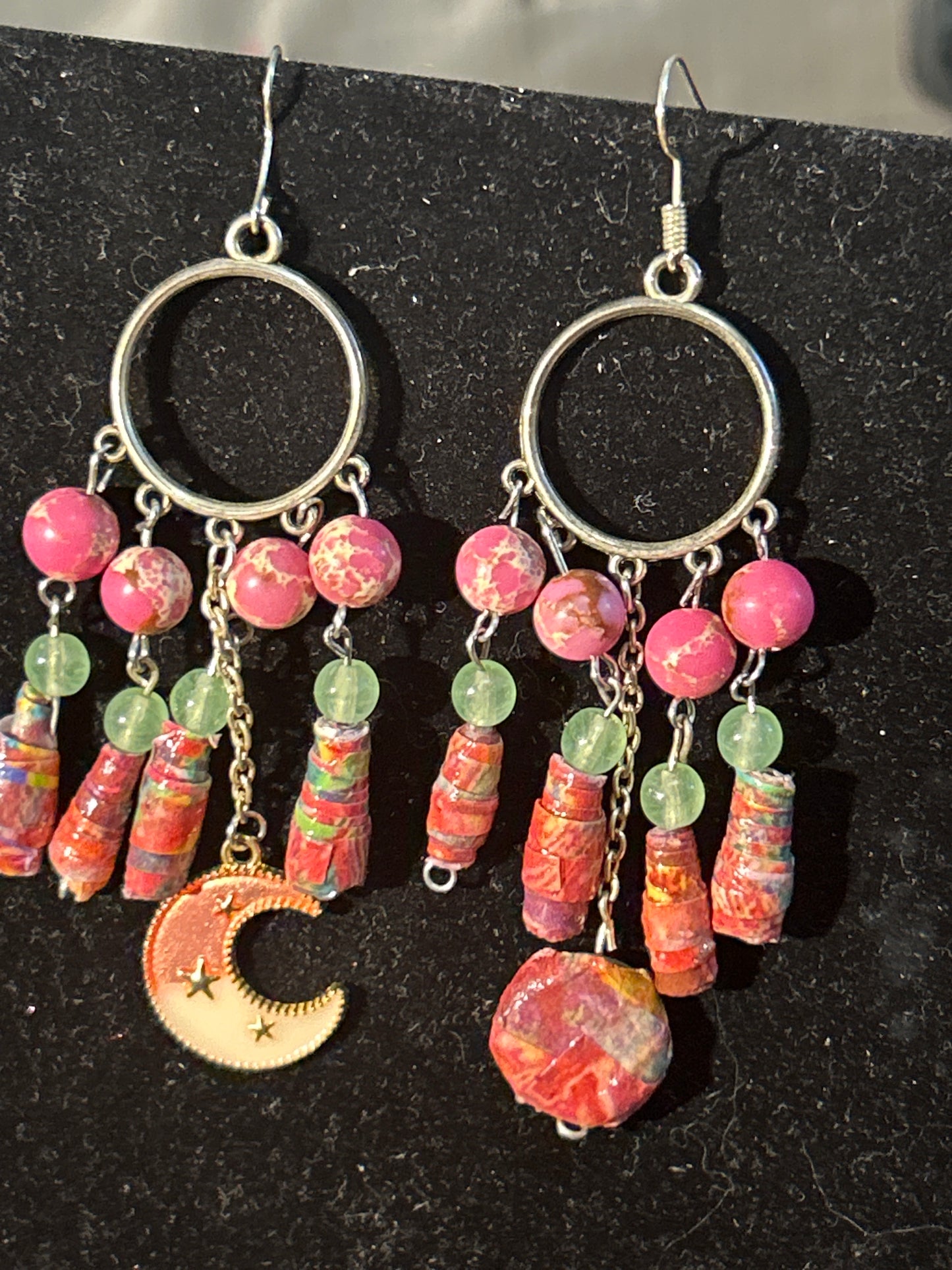 Pink and Green Handmade ChandelEarrings w. Paper Beads, Moon Charm, Glass, Decoupage Beads~ original designs, funky unique pretty hypoallergenic