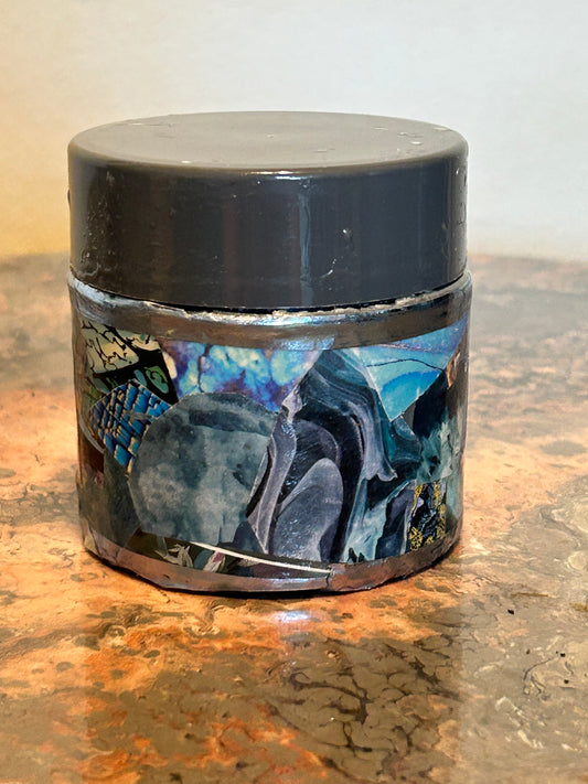 Plastic Jar Decoupage Abstract Collage Wrapped in "Blueish-Green" ~ Resin Coat ~ Chaotic, Analog, Unique, Trippy, Handmade, RetroTech