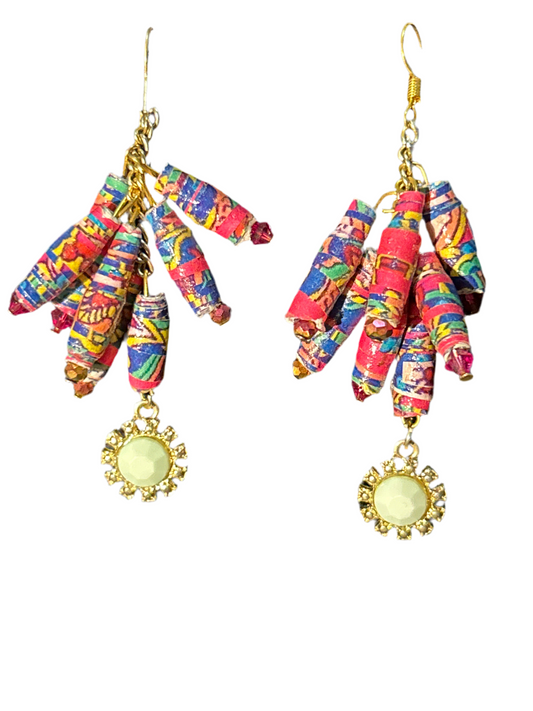 Pink Paisley crystal- tipped Handmade Paper Bead Earrings, Summer Shades, Colorful Cluster Chain earrings, original designs funky unique pretty hypoallergenic