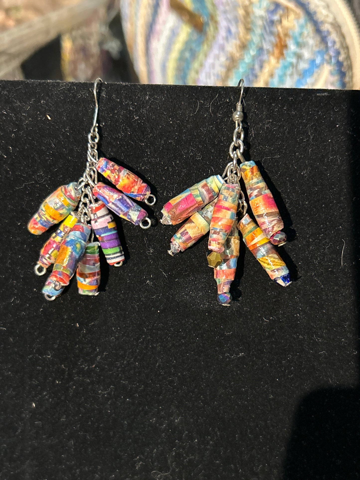Handmade Everycolor Collage  Photo Rolled Paper Beads & Chain Cluster Earrings - original designs, funky unique pretty hypoallergenic