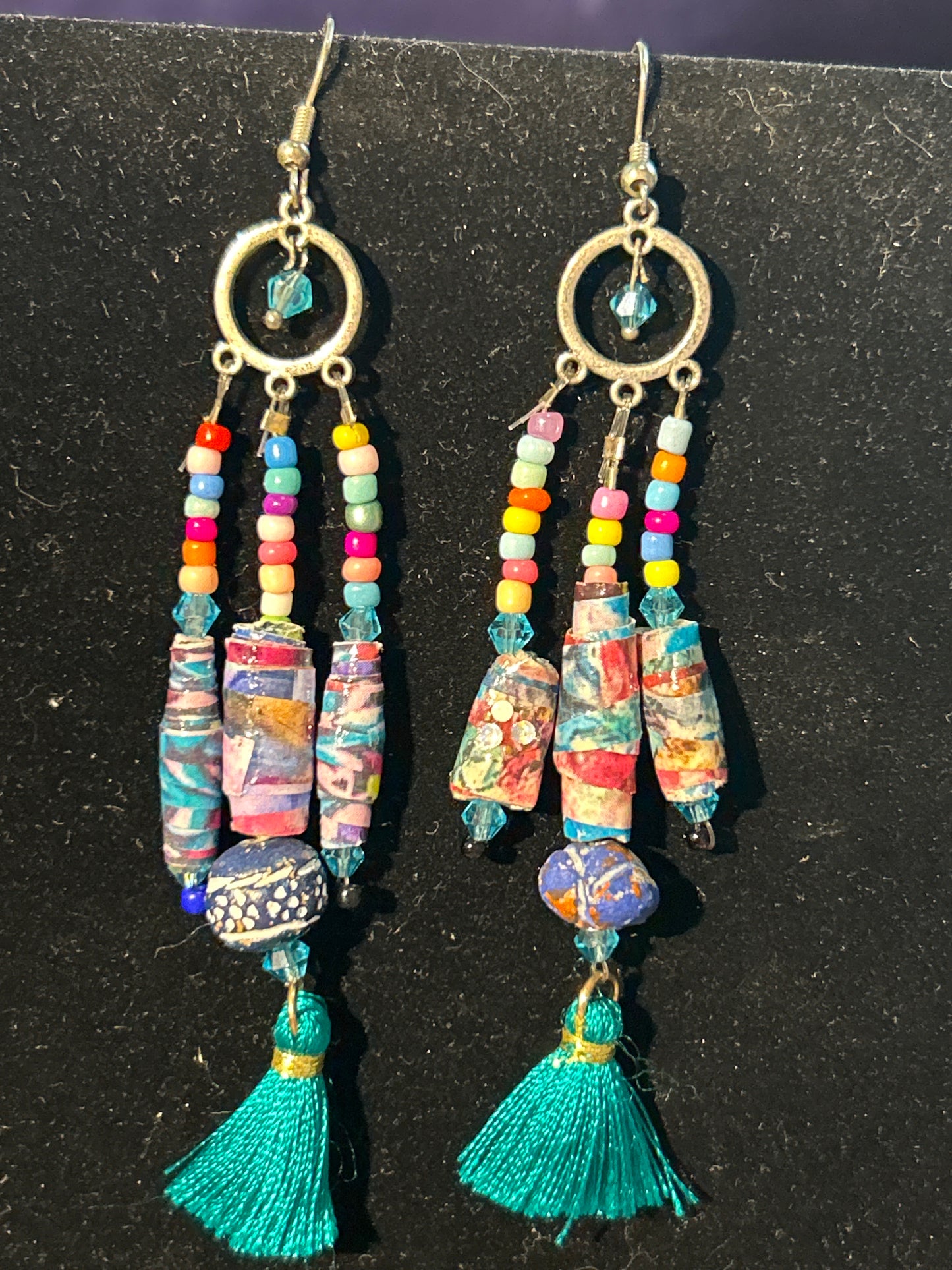 Handmade ChandelEarrings with Clay and Handmade Paper Beads ~ Long Drop Pastels and Teal Tassell