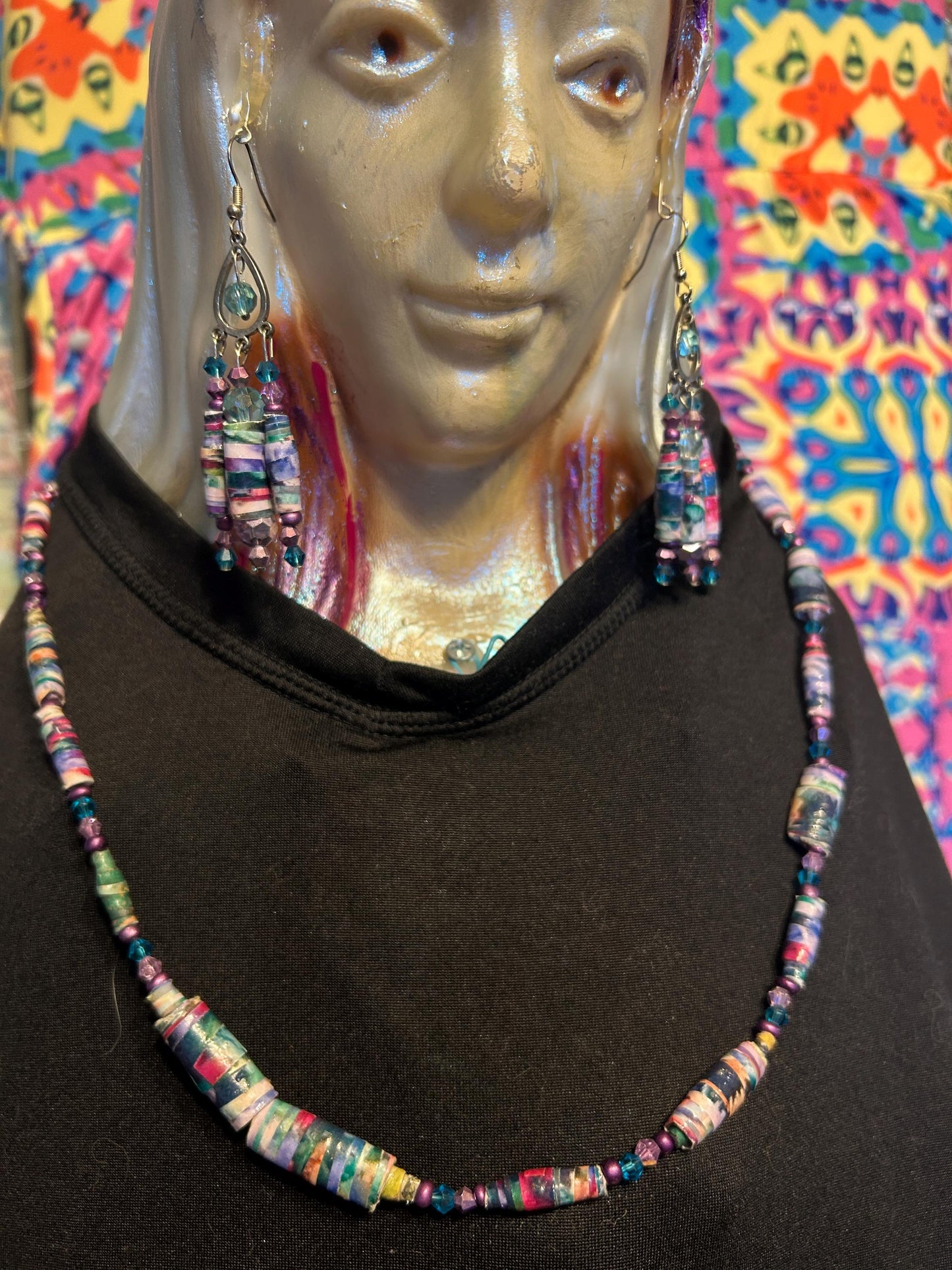 Purple Floral Garden Paper Bead Jewelry Set - ChandelEarrings and Matching Necklace handmade 925 Silver plated findings, fishhook