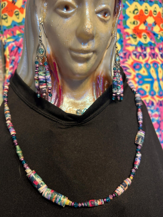 Purple Floral Garden Paper Bead Jewelry Set - ChandelEarrings and Matching Necklace handmade 925 Silver plated findings, fishhook
