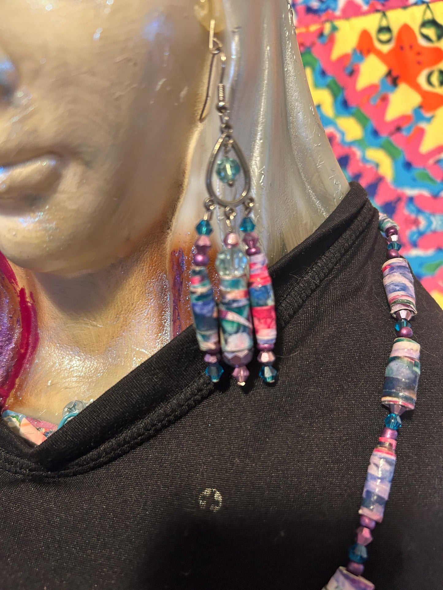 Purple Floral Garden Paper Bead Jewelry Set - ChandelEarrings and Matching Necklace handmade 925 Silver plated findings, fishhook