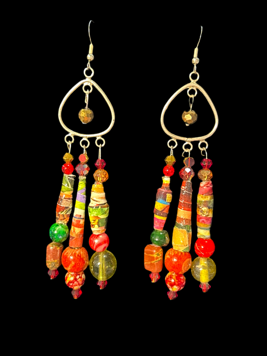 Red & Green Apple Tree Handmade ChandelEarrings w. Wood,Glass,& Paper Beads ~ Hypoallergenic silver-plated findings