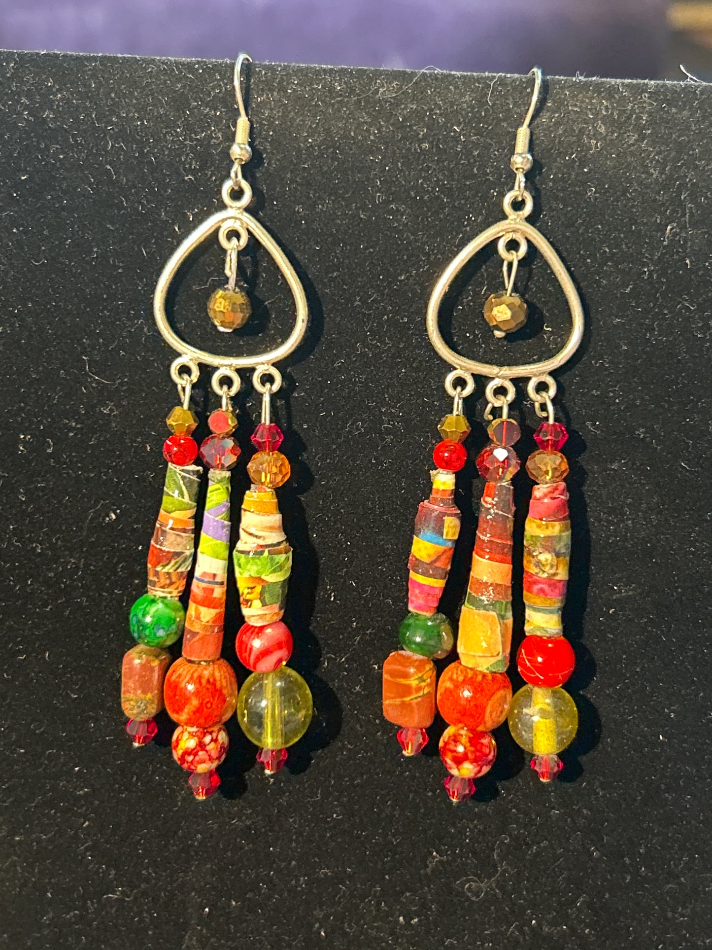 Red & Green Apple Tree Handmade ChandelEarrings w. Wood,Glass,& Paper Beads ~ Hypoallergenic silver-plated findings
