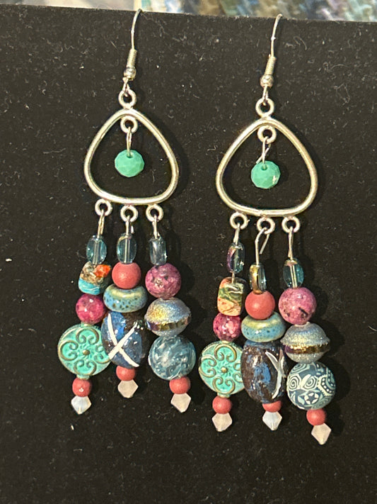 Teal and Maroon Mmmm Handmade ChandelEarrings w. clay, metal & glass Beads~ original designs, funky unique pretty hypoallergenic