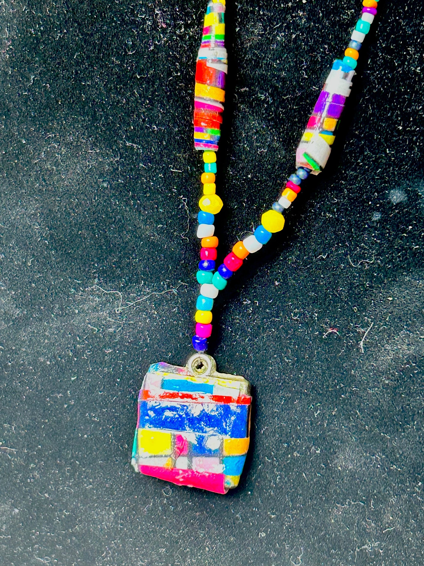 "Kandinsky-Inspired" Handmade SIngle Strand Muti-colored Necklace with Paper Beads Decoupage Pendant & Lobster Claw