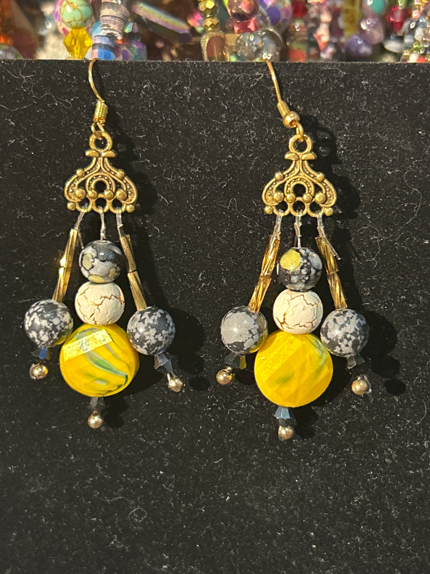 Black and Yellow Handmade ChandelEarrings w. Glass & Stone beads & gold plated findings~ original designs, funky unique pretty hypoallergenic