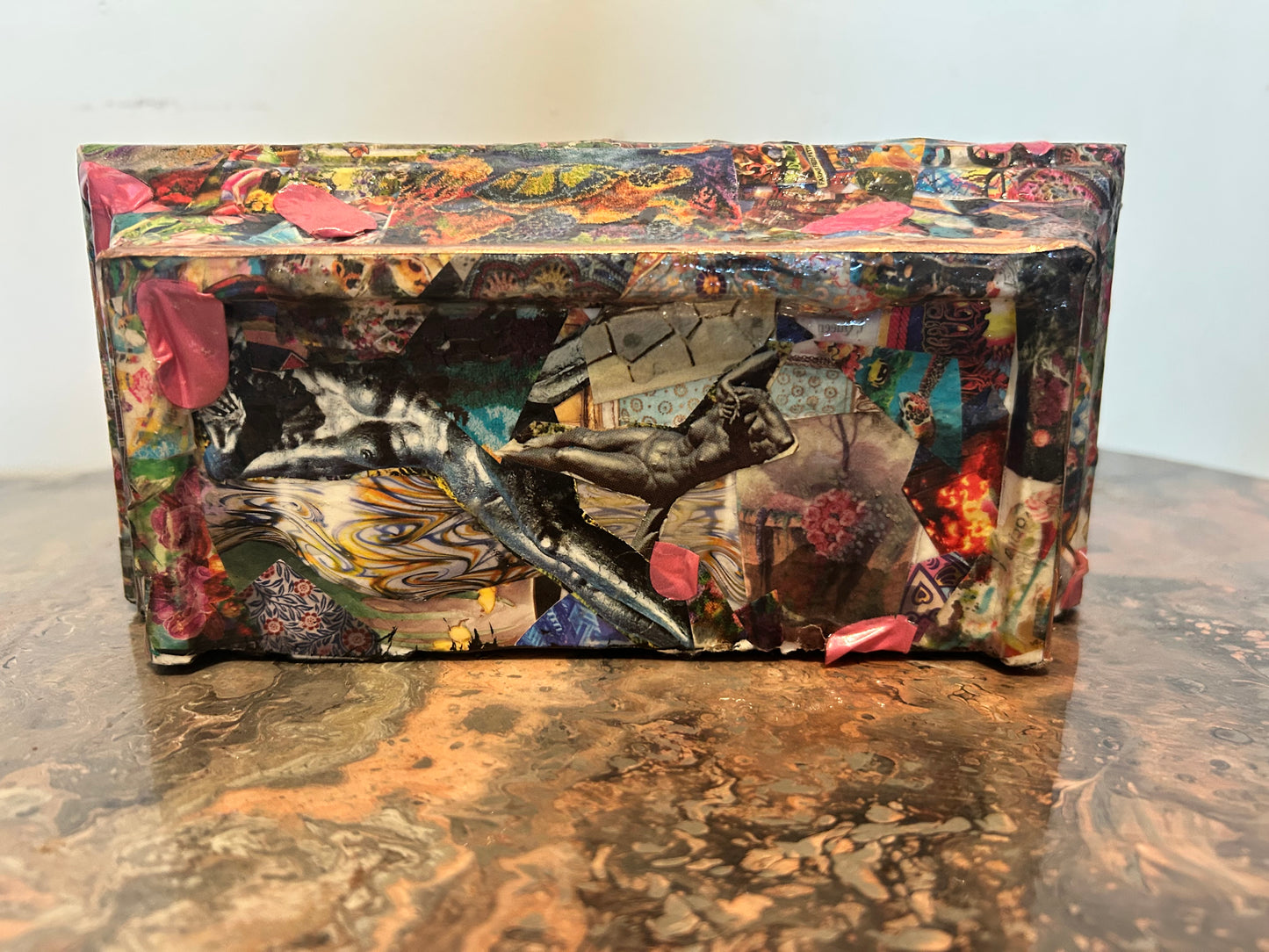Hanging Shelf Decoupage Abstract Collage Wrapped in "Everycolor" Rose Gold lined ~ Resin Coat ~ Chaotic, Analog, Unique, Trippy, Handmade, RetroTech