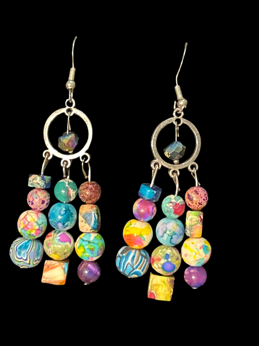 Splatter Stones Handmade Chandelearrings w. Gemstone & Clay Besds ~ original designs funk and flair unique fun original hypoallergenic