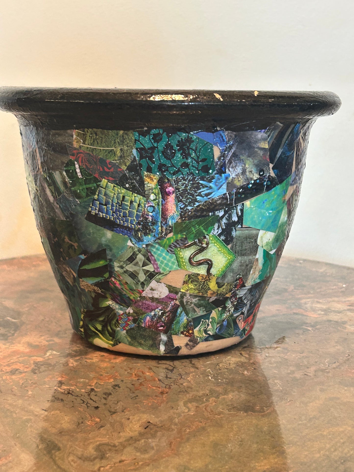 Planter Decoupage Abstract Collage Wrapped in "Green" ~ Resin Coat ~ Chaotic, Analog, Unique, Trippy, Handmade, RetroTech