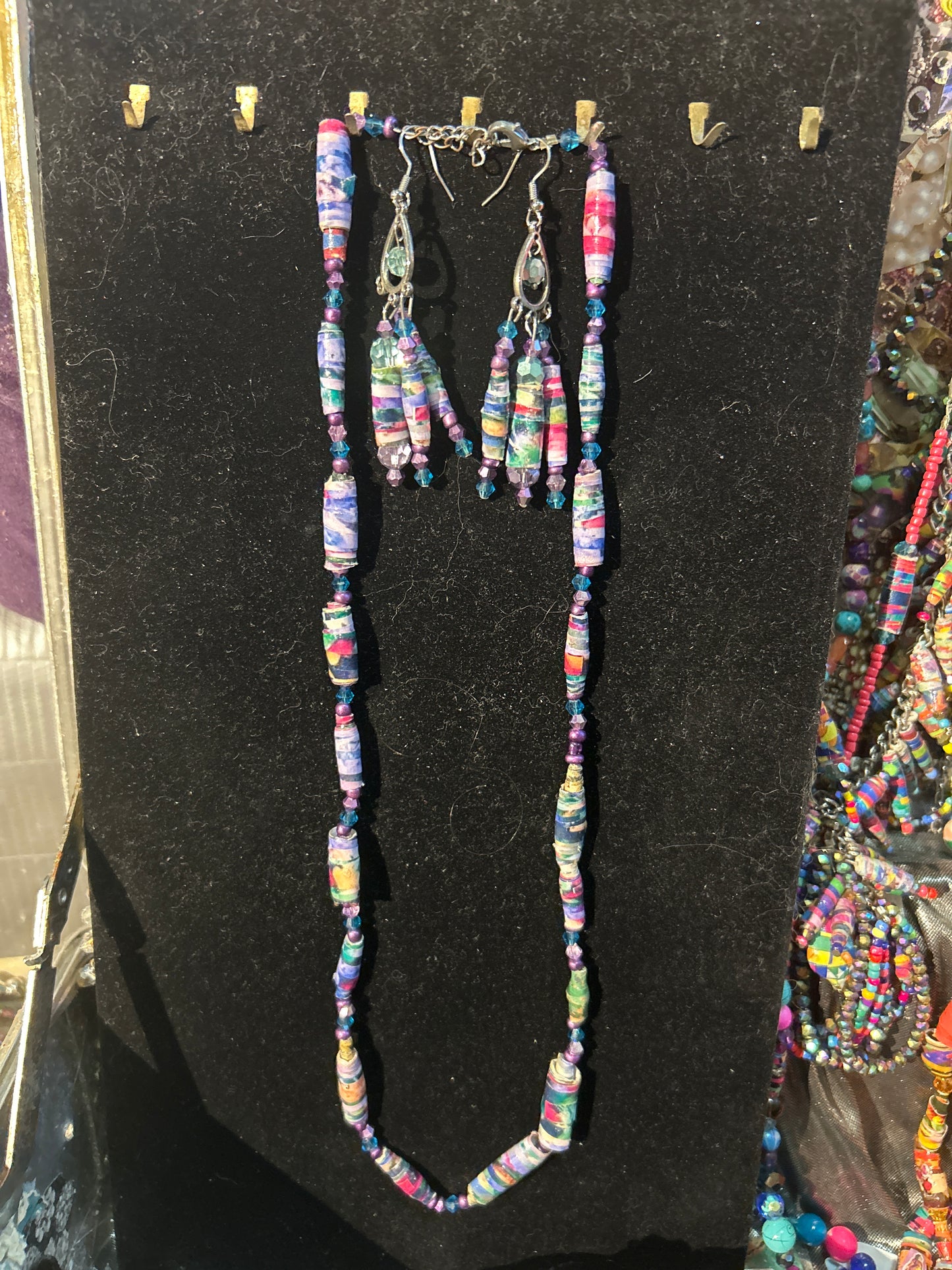 Purple Floral Garden Paper Bead Jewelry Set - ChandelEarrings and Matching Necklace handmade 925 Silver plated findings, fishhook