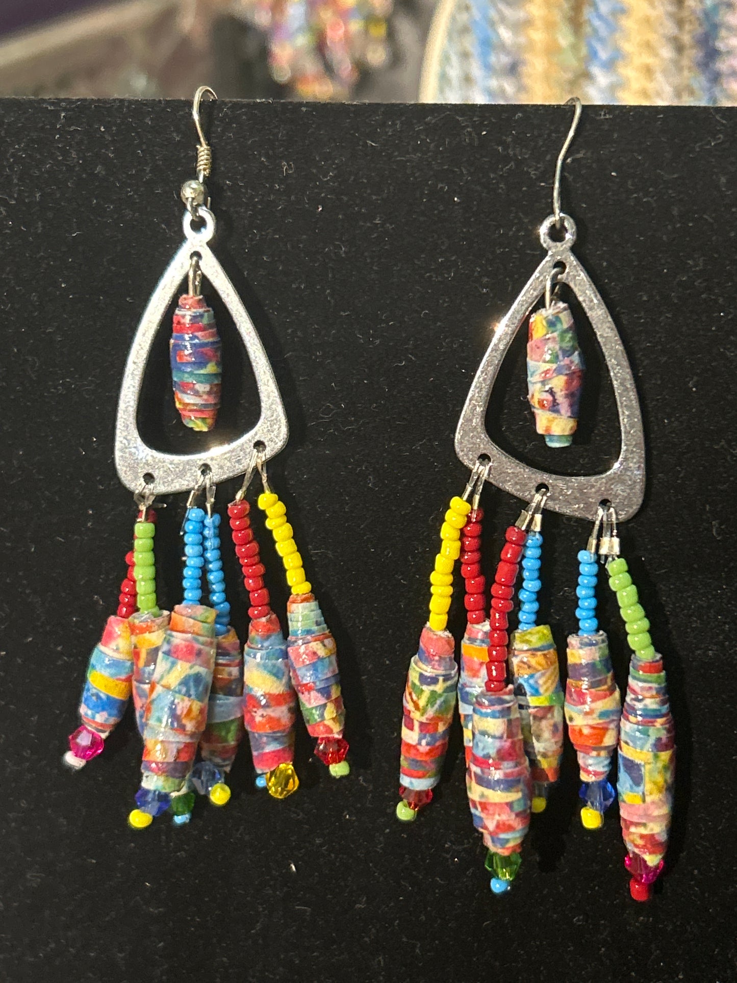 Everycolor Funhouse Handmade ChandelEarrings w. Glass, Paper, & Crystal Beads~ original designs, funky unique pretty hypoallergenic