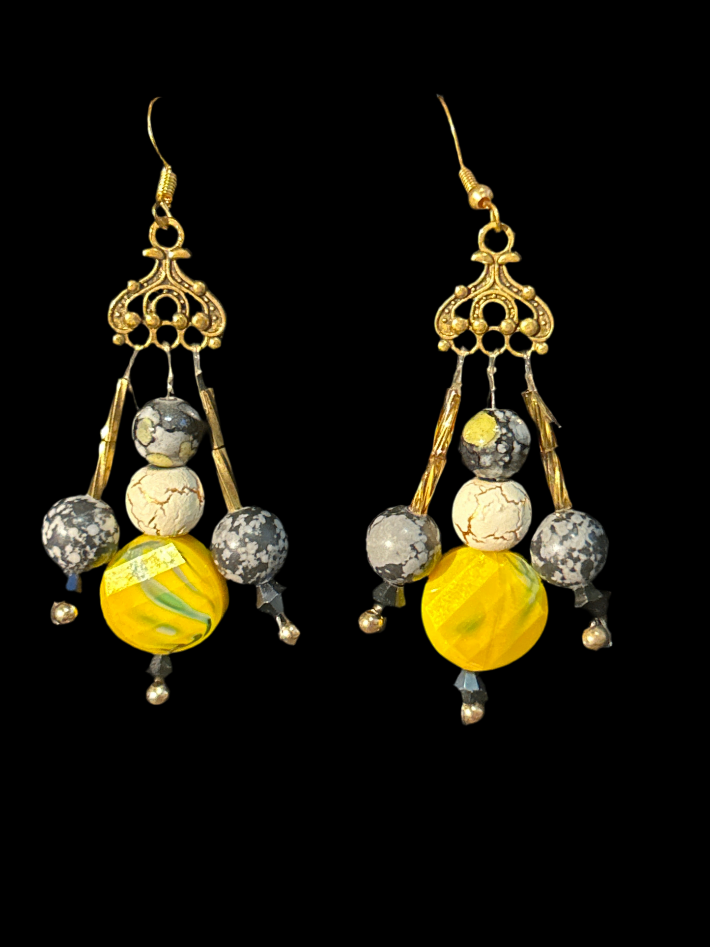Black and Yellow Handmade ChandelEarrings w. Glass & Stone beads & gold plated findings~ original designs, funky unique pretty hypoallergenic
