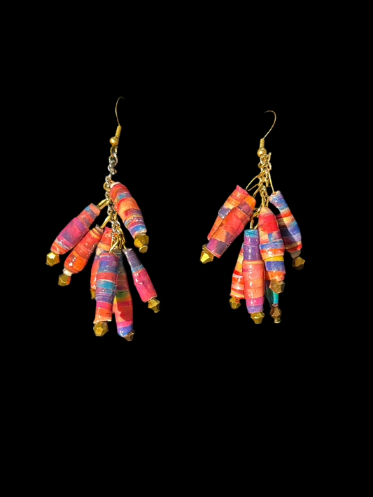 Orange and Purple bronze-crystal- tipped Handmade Paper Bead Earrings, Summer Shades, Colorful Chandelier earrings, original designs funky unique pretty hypoallergenic