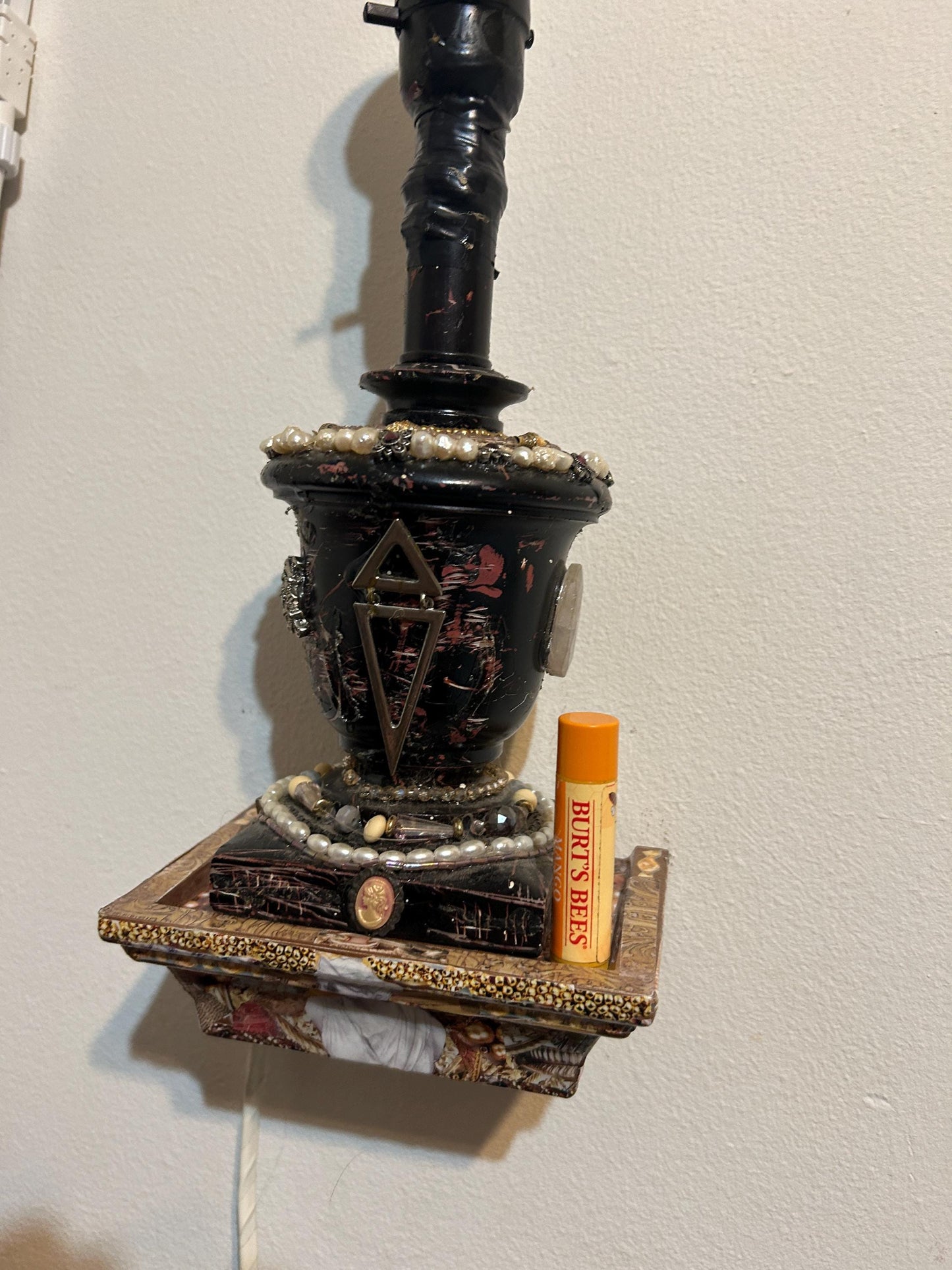 Rose Gold Collage Porcelain Statue Adorned Hanging Wall Shelf, small Elegant Decoupage Epoxy Resin Sealed Pearls and Handcrafted