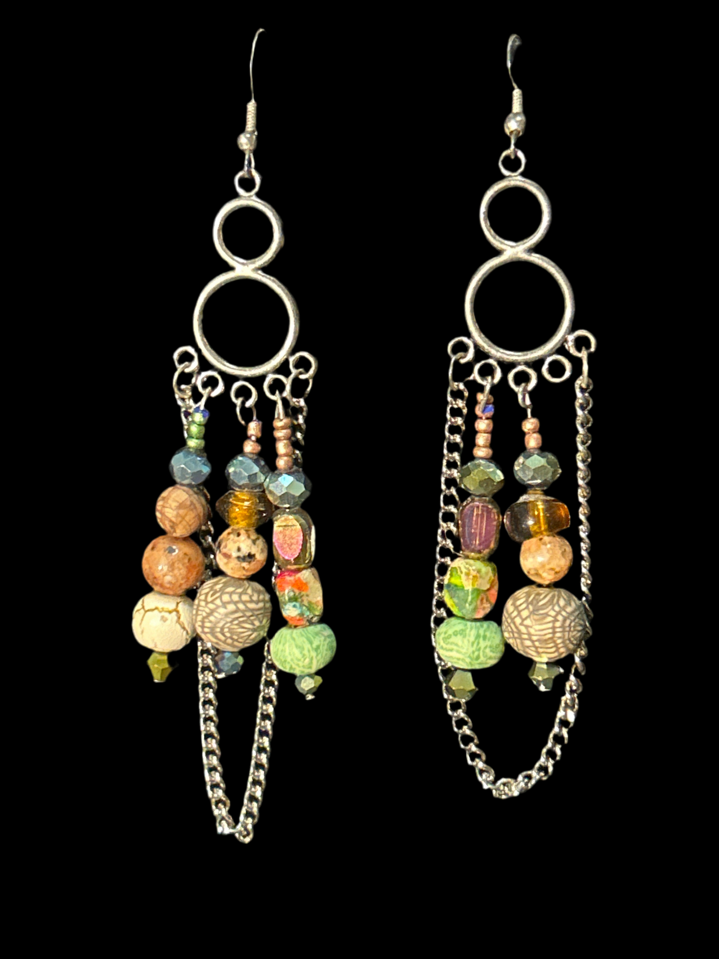 Figure 8 Jasper & Chain EarthTone Handmade ChandelEarrings w. Glass and Stone Beads~ original designs, funky unique pretty hypoallergenic