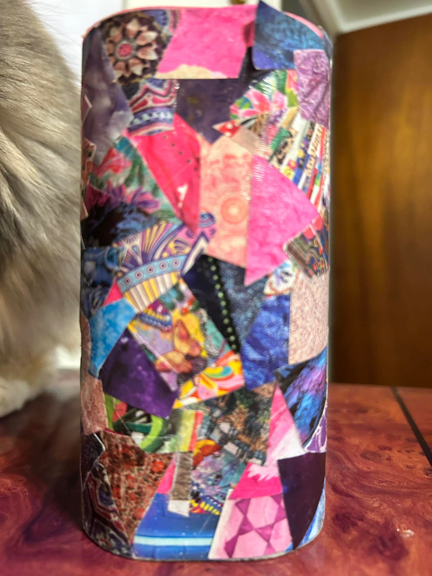 VERBZ canister decoupage pink and blue curated cut blend BeSpoken Blends by Dr Biv upycled Mod Podgin Collagin Art handmade