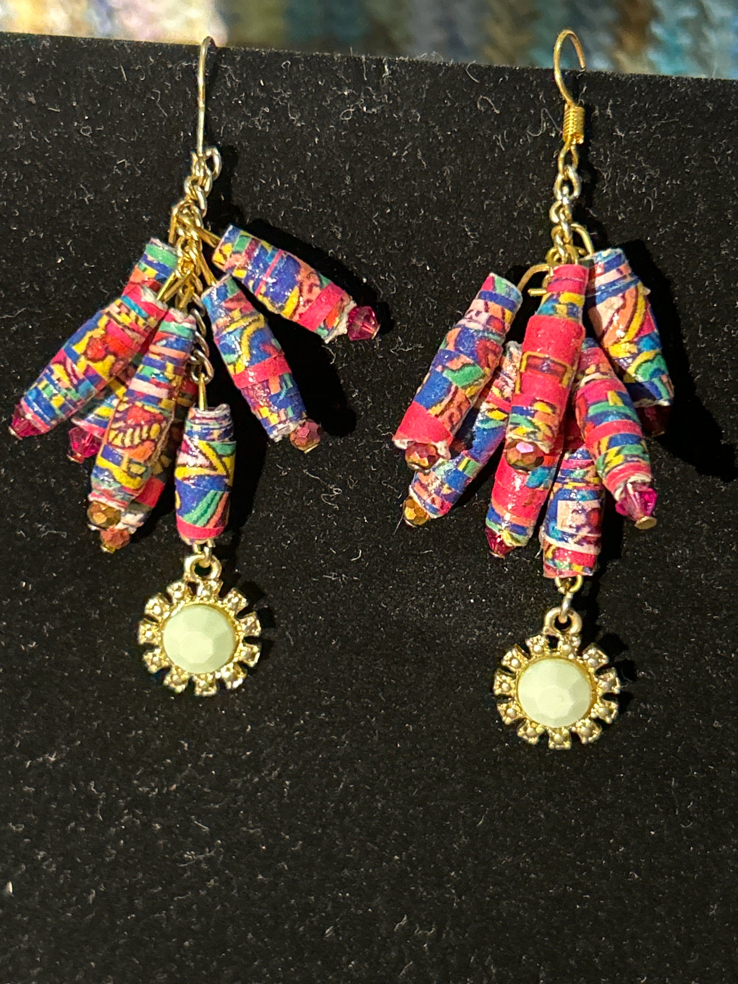 Pink Paisley crystal- tipped Handmade Paper Bead Earrings, Summer Shades, Colorful Cluster Chain earrings, original designs funky unique pretty hypoallergenic