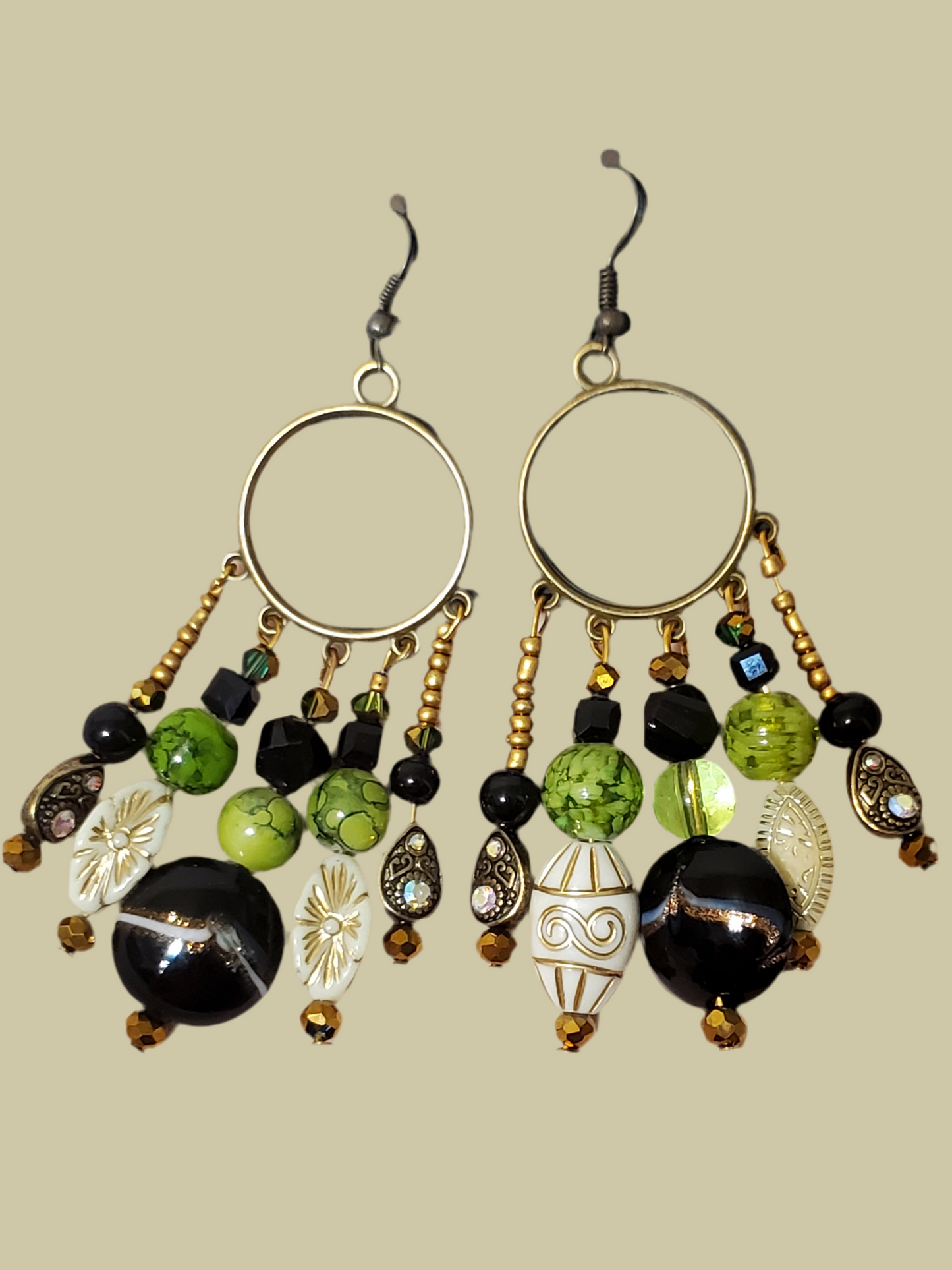 Green and Cream Bronze ChandelEarrings