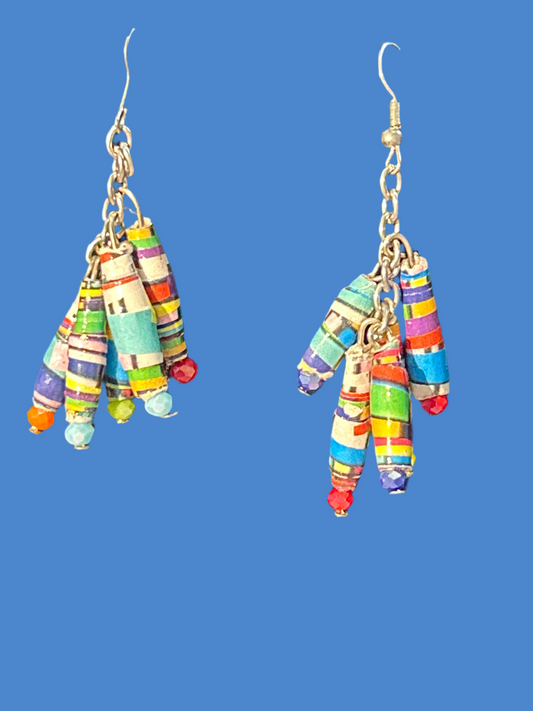 Colorful Geometric Kandinsky-esque Handmade Paper Beads in Chain Cluster with Crystal Tips ~ Hypoallergenic silver-plated findings