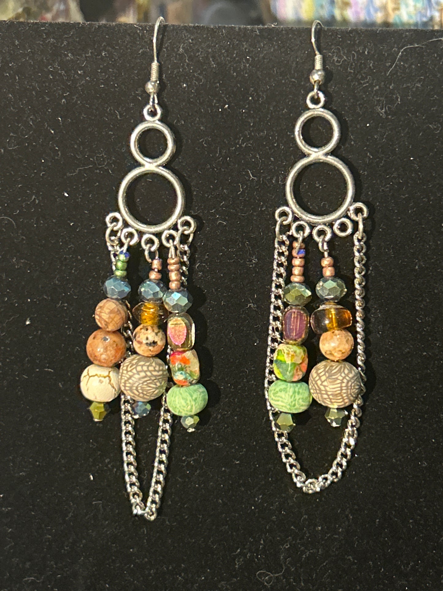 Figure 8 Jasper & Chain EarthTone Handmade ChandelEarrings w. Glass and Stone Beads~ original designs, funky unique pretty hypoallergenic